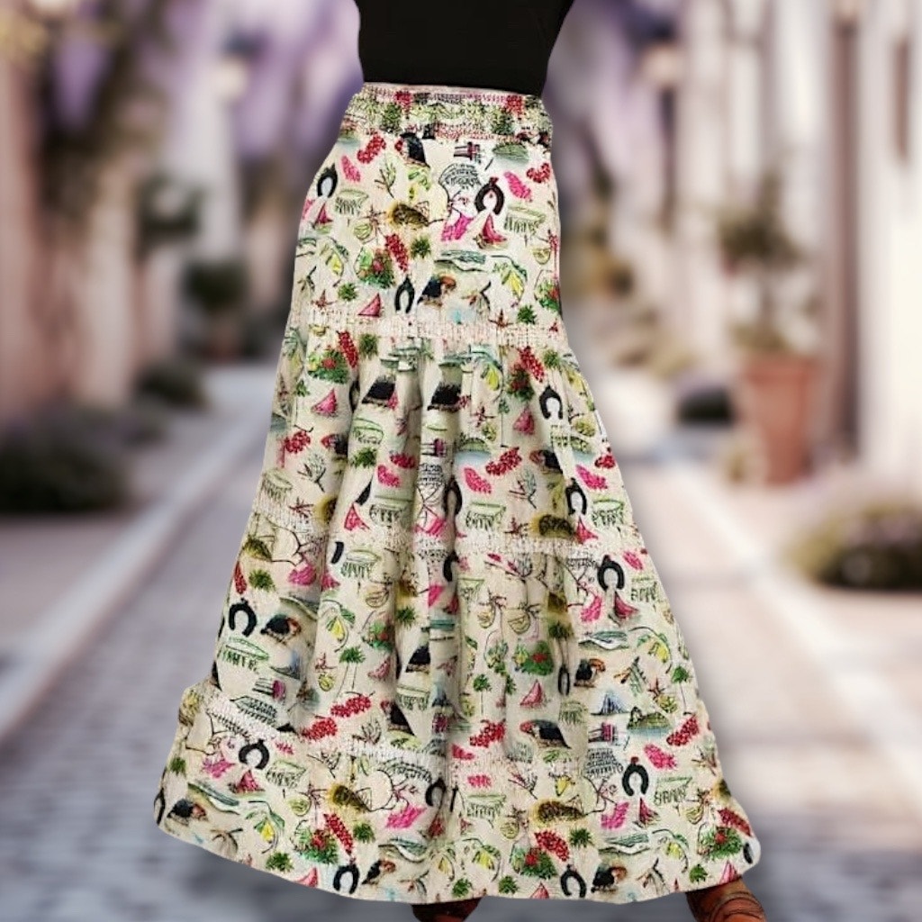 Isolda Size 2 Tropical Motif Tiered Maxi Skirt White Maximalist Artsy Toucan