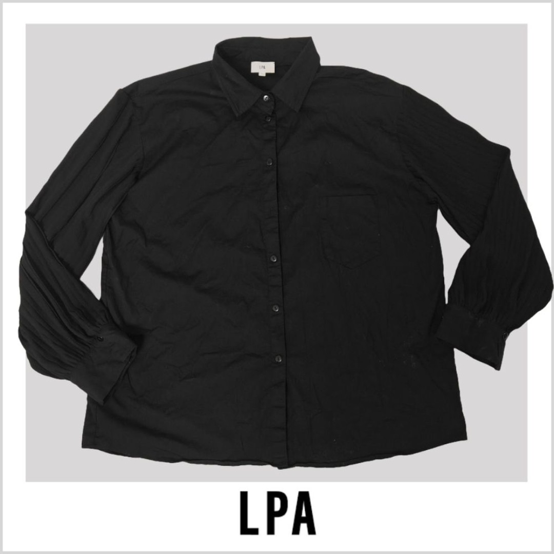 LPA Women's Black Button-Up Blouse with Pleated Sleeves Size XL