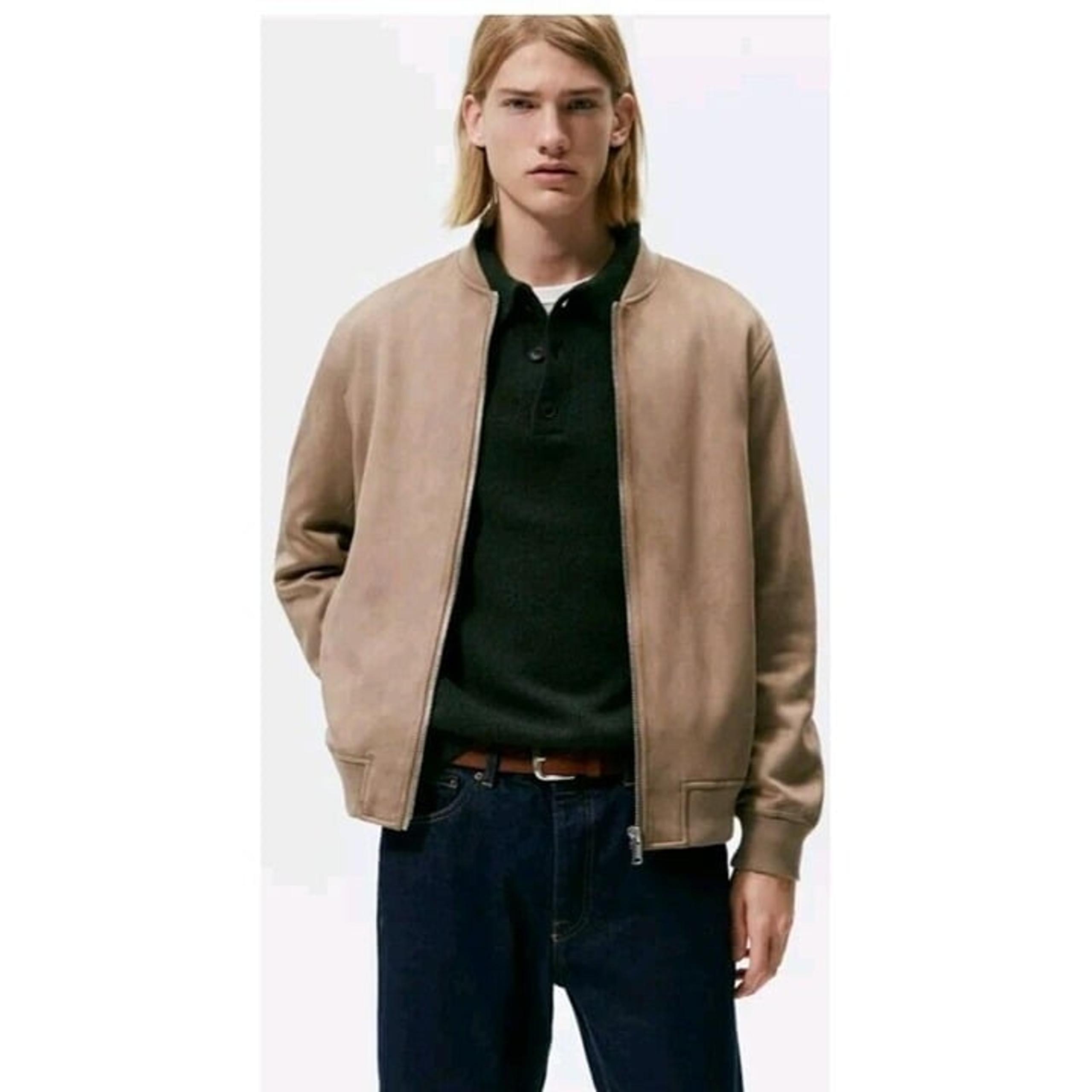Zara Mens Bomber Jacket Coat M Beige Faux Suede Mandarin collar 3046/480 NWT