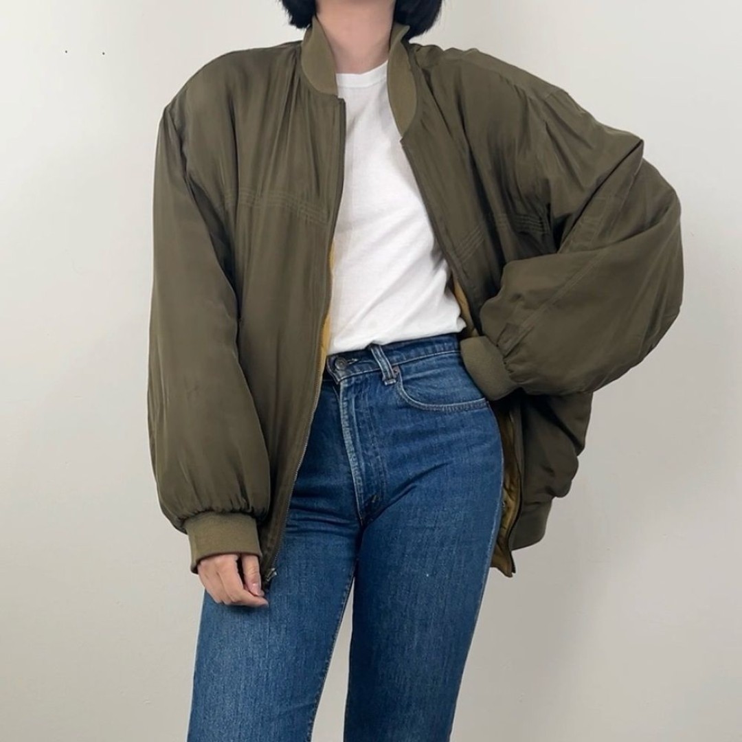 Vintage Green and Yellow Oversized Boyfriend Silk Bomber Jacket Quilted Puffer