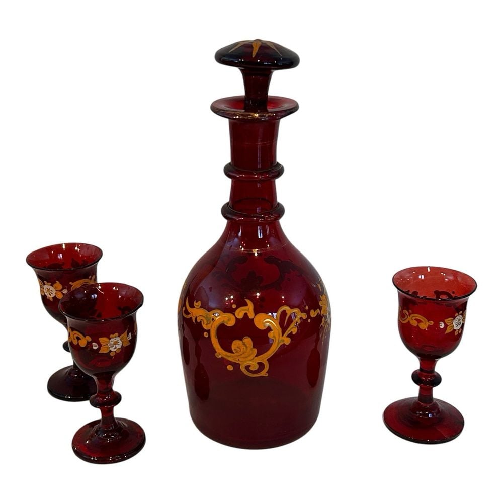 Czech or Bohemian ruby red glass decanter with stopper 3 cordial glasses
