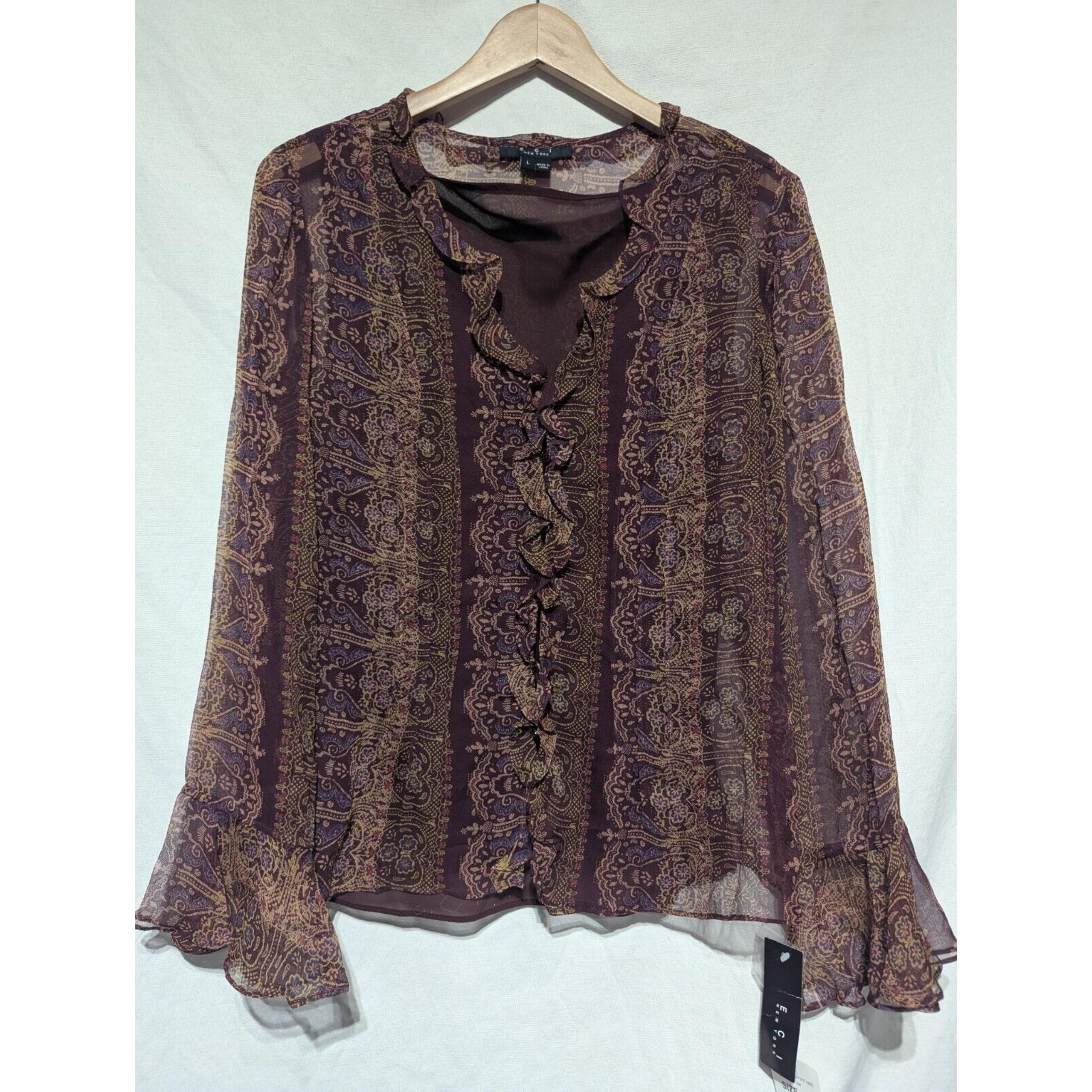 ECI New York Womens 100% Silk Sheer Blouse Size Large Ruffle Plum Bohemian Fairy