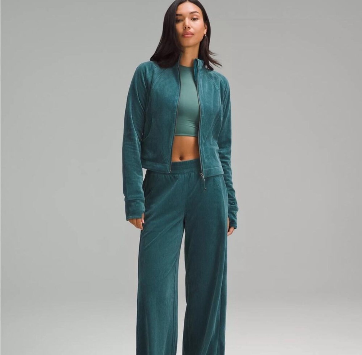 Lululemon Scuba Track Jacket with Velvet Cord Storm Teal Sz 8