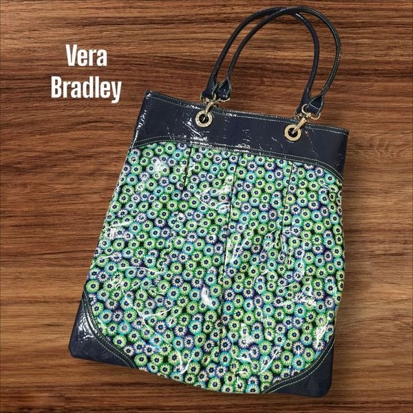 Vera Bradley Green and Blue Daisy Floral Patent Leather Tote Bag