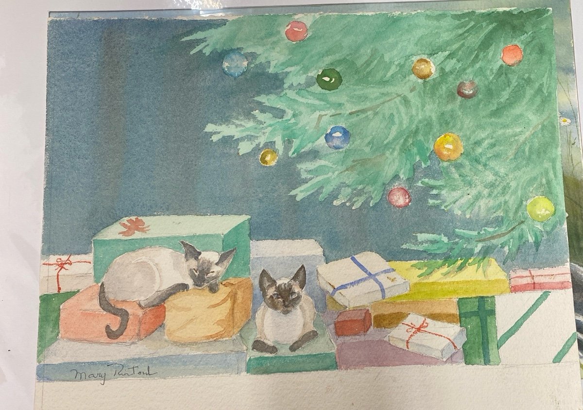 Original Water Color Painting Siamese Cats on Christmas signed Mary Rintoul 70s