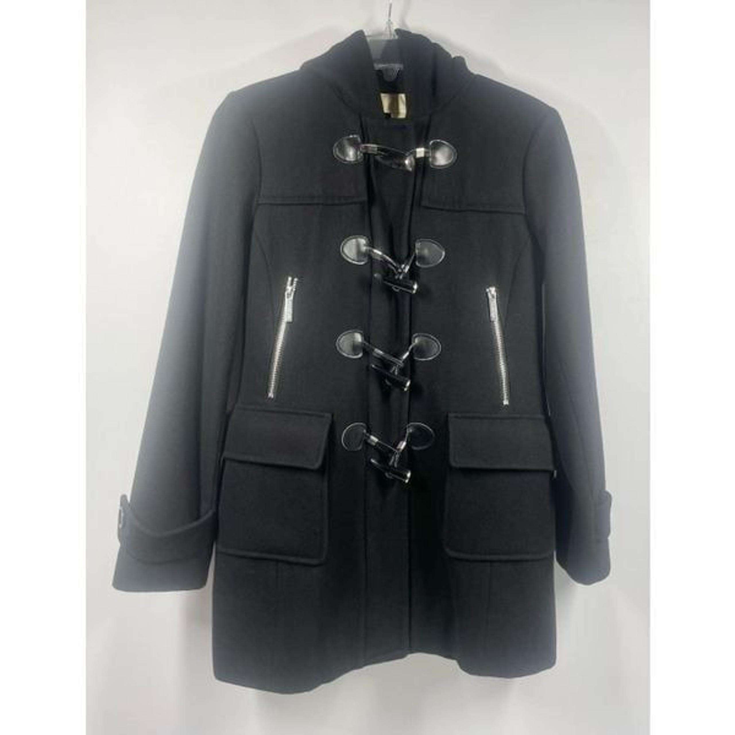 Michael Kors Black Wool Blend Hooded Peacoat Coat Toggle Zip Closure Women PS