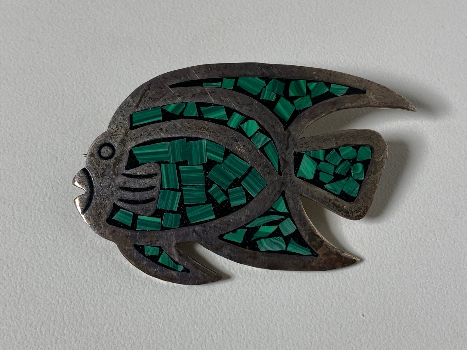 Taxco Mexico 925 Sterling Silver Fish Brooch Pin W Green Malachite Stone Inlay