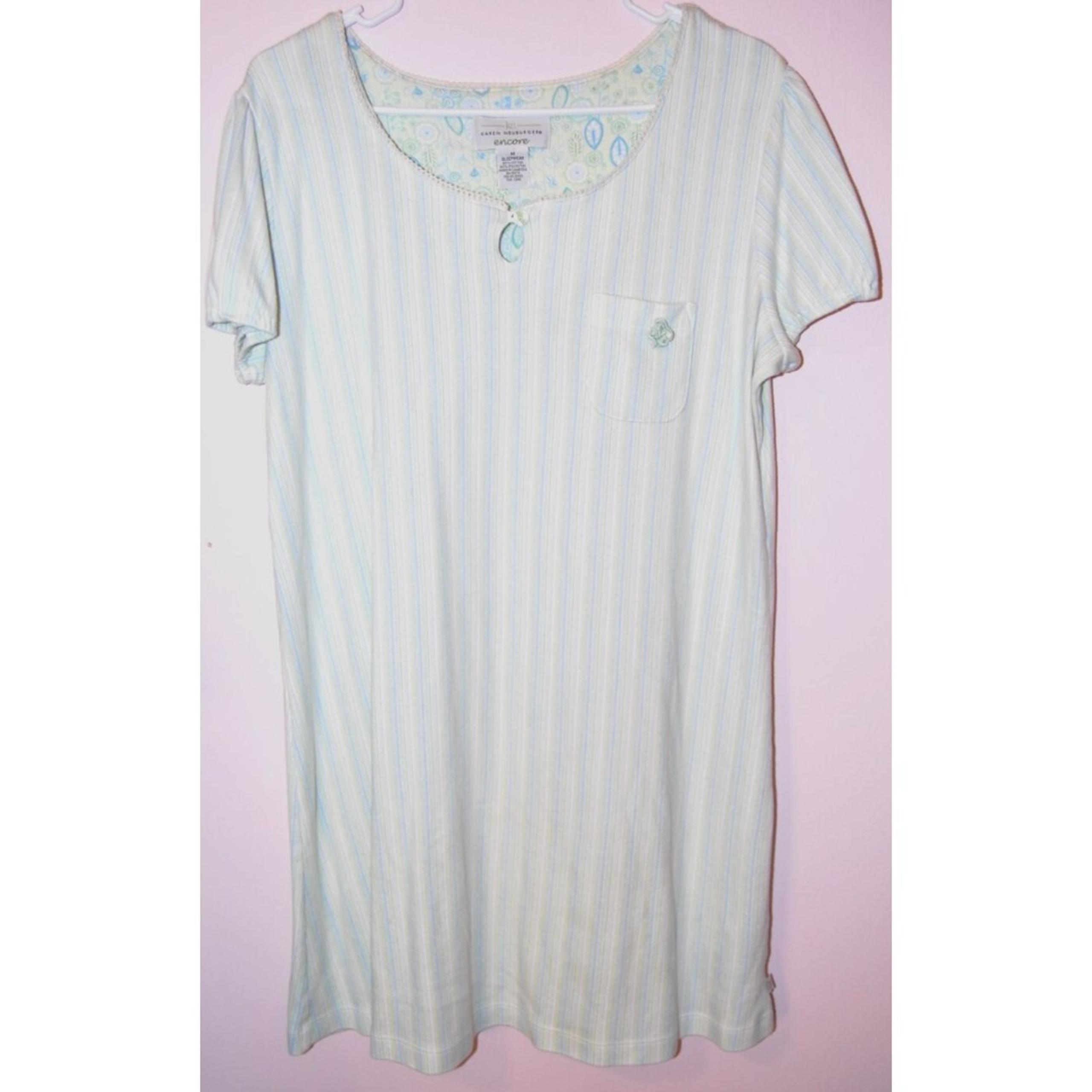 Karen Neuburger Nightgown  Womens M Blue Green Stripe Encore Sleep Shirt