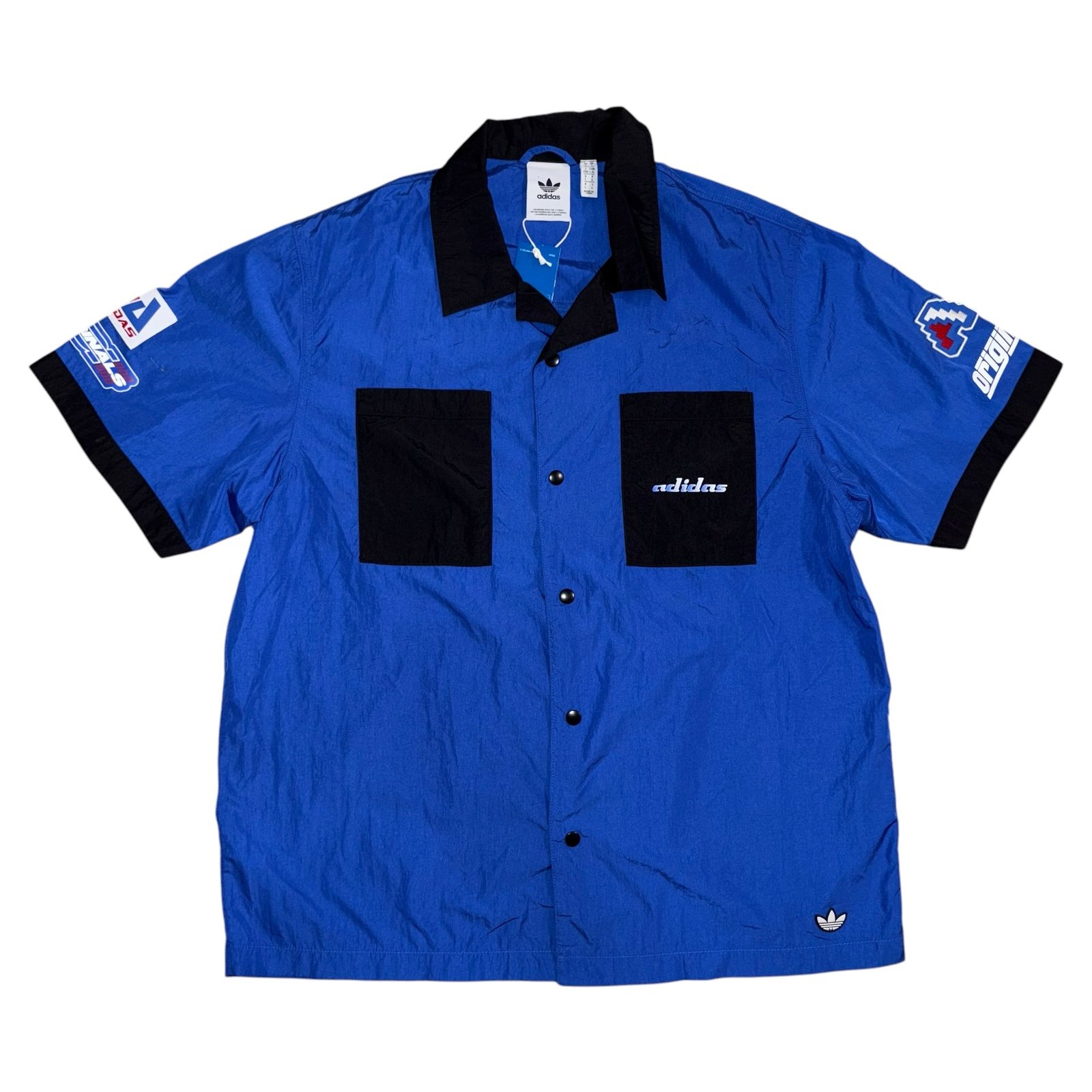 Adidas TGP SS Men's Nascar Style Shirt Blue Satin Black Button Down HA4744 Sz L
