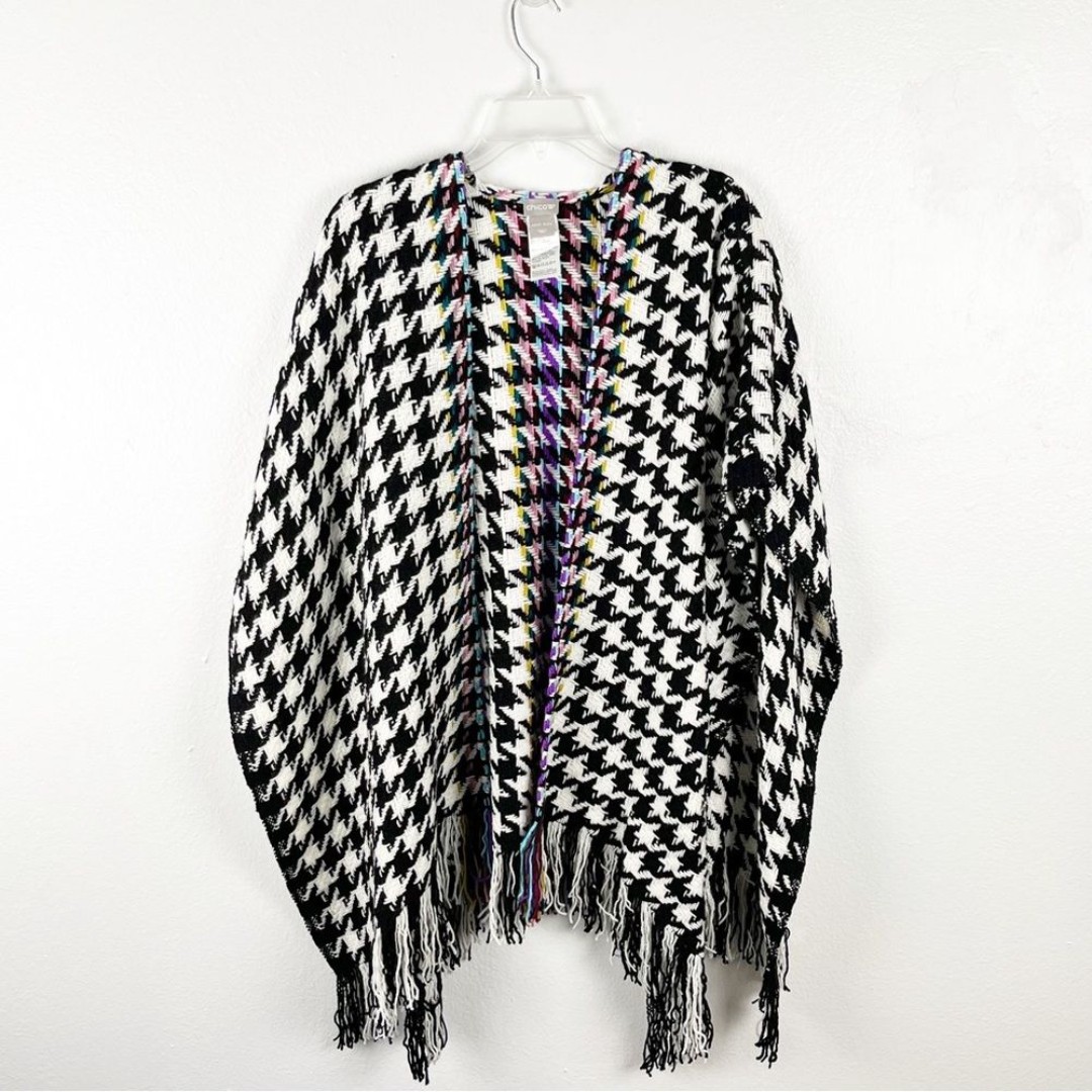 CHICO’S Black And White Houndstooth Multicolored Accent Panel Fringe Poncho