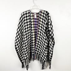 CHICO’S Black And White Houndstooth Multicolored Accent Panel Fringe Poncho