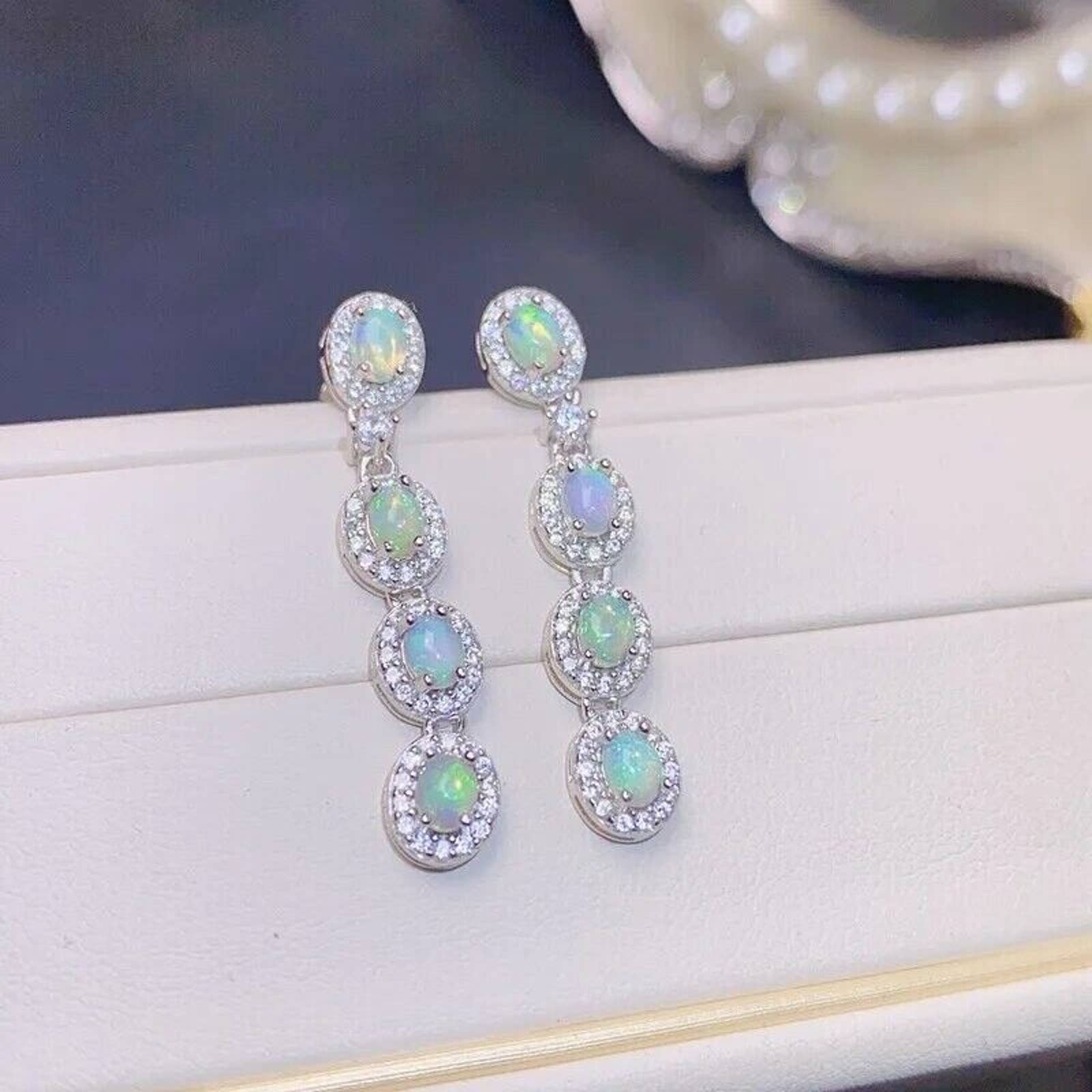 Australian White Opal Dangle Earrings, White Opal Dangle Earrings Sterling