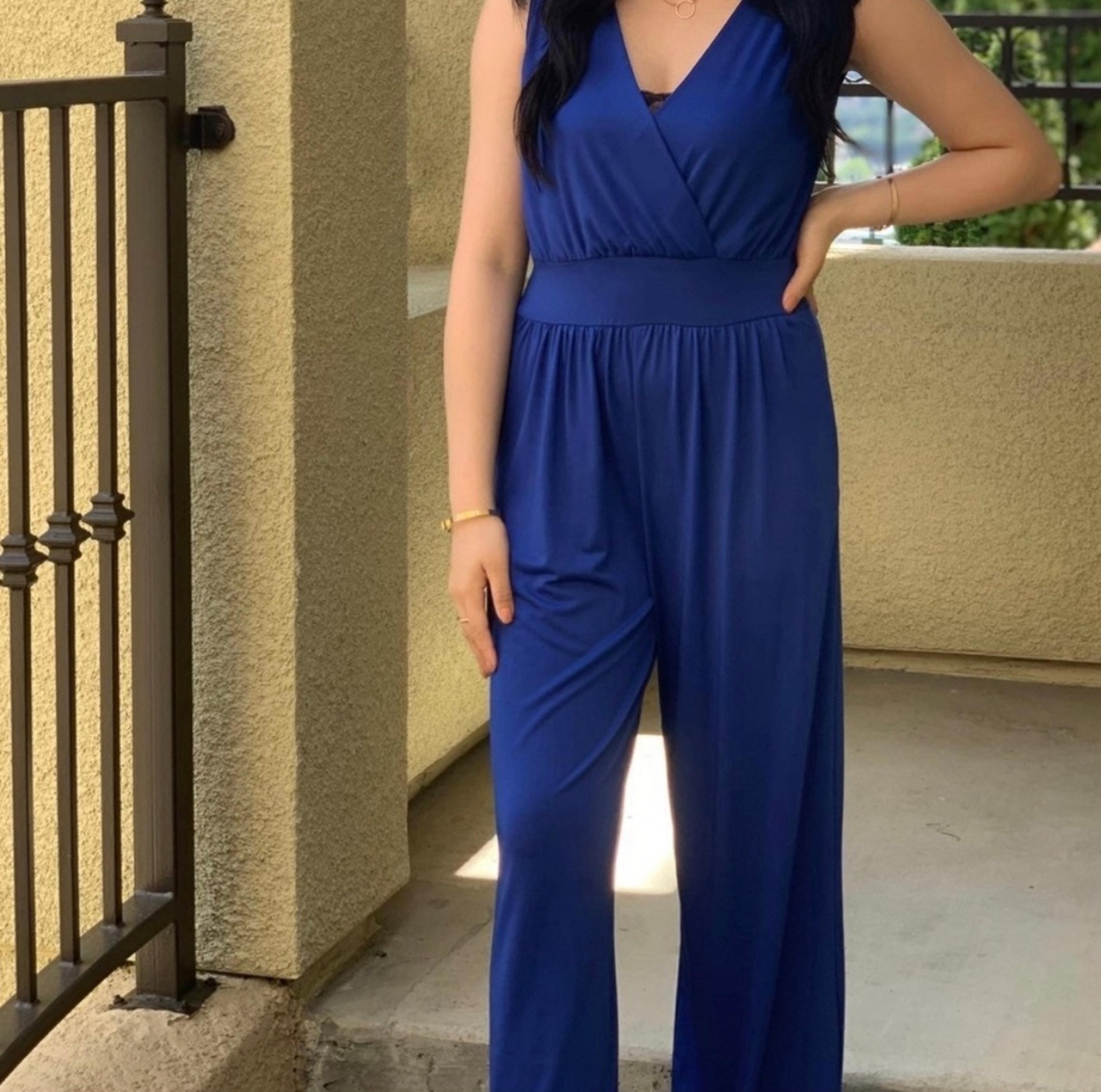SHEIN Solid Blue Surplice Neckline Cotton Jumpsuit Romper Size Medium