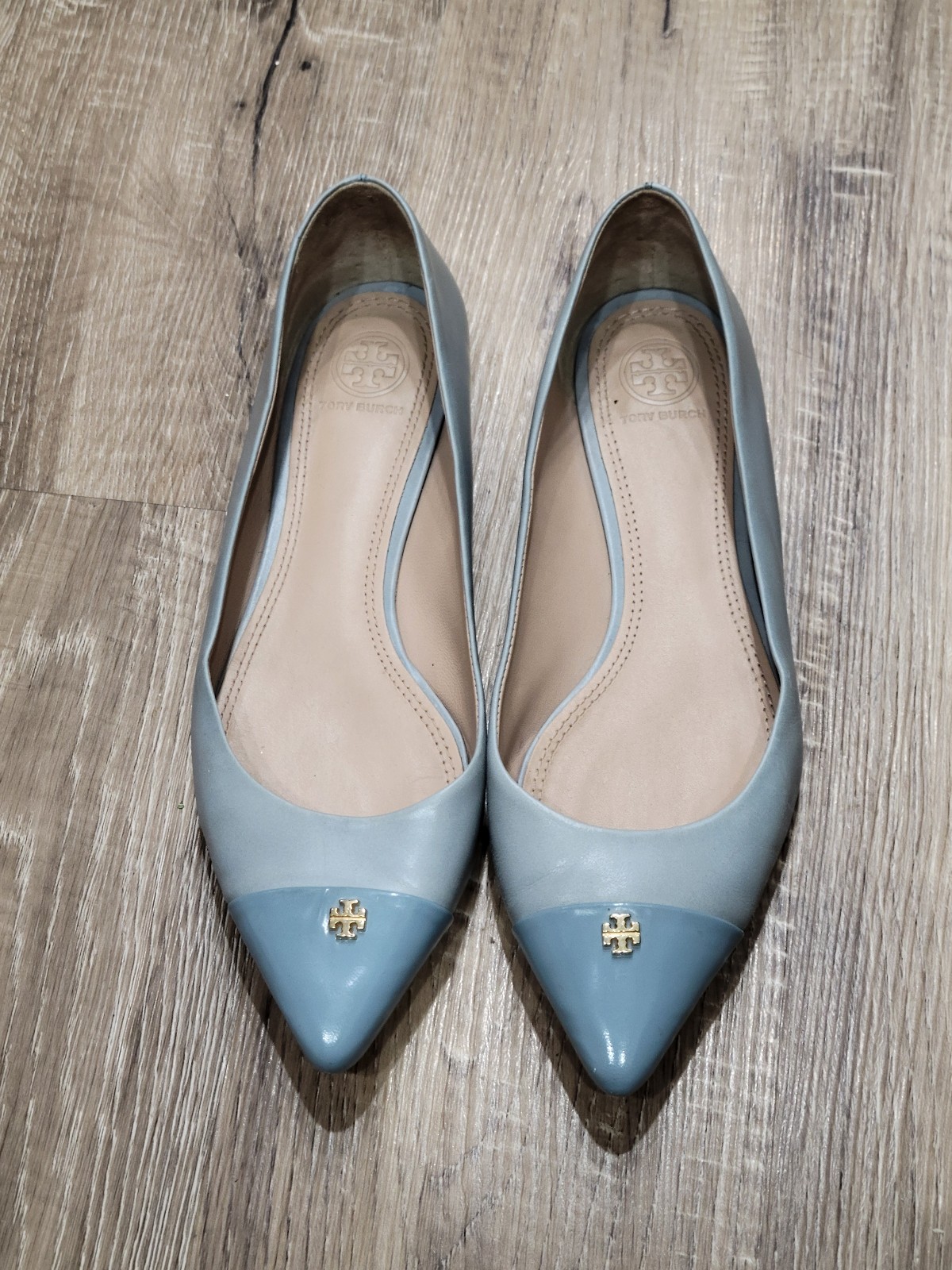 Tory Burch Fairford Light Blue Leather Pointed Toe Flats 8.5M