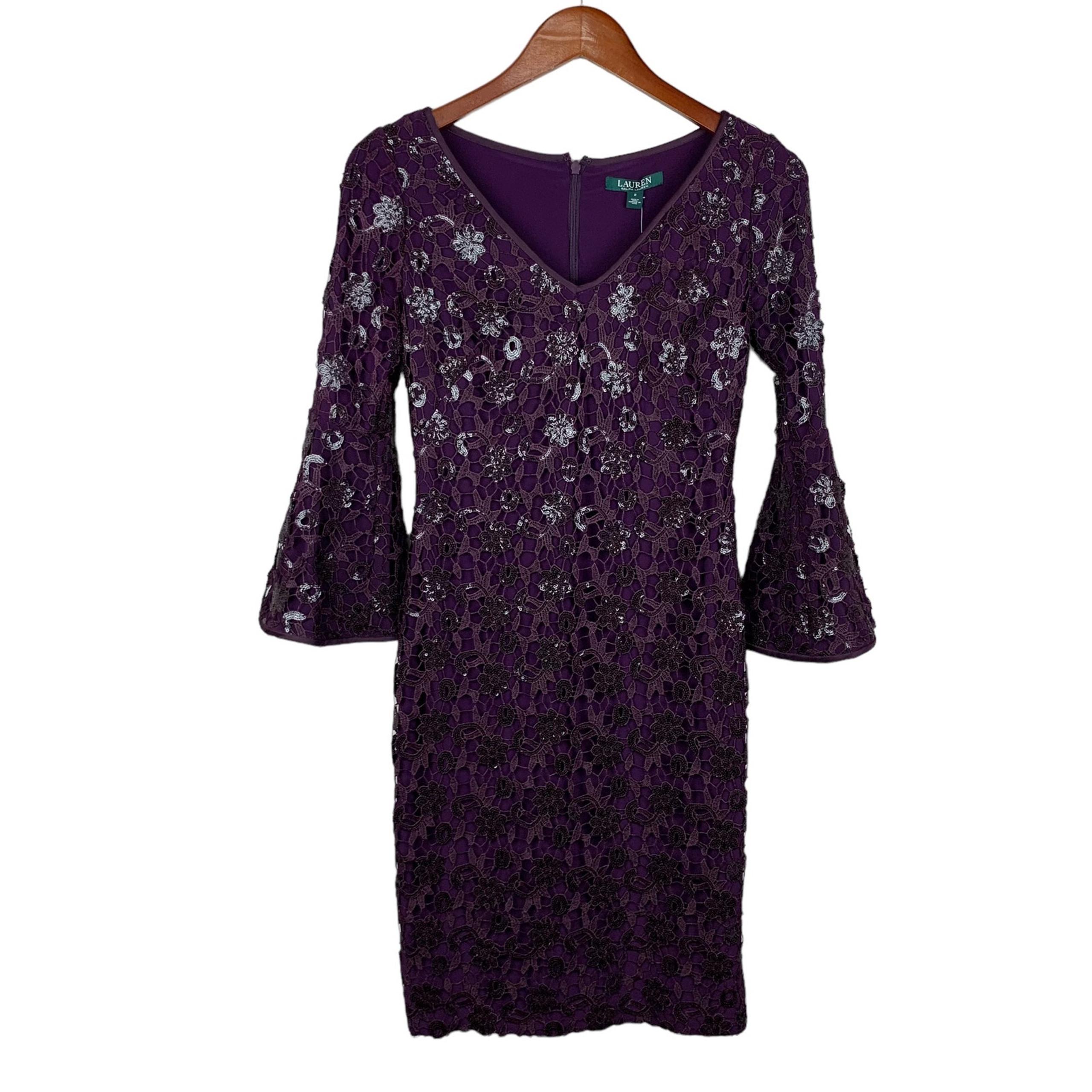New Lauren Ralph Lauren Dress Sequin Lace Sheath Purple Formal Evening Women’s 2