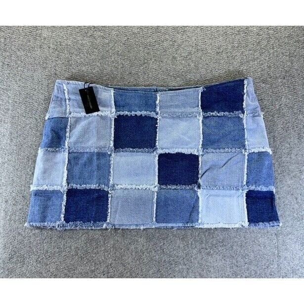 Vanessa Mooney Jean Skirt 2XL Patchwork Denim Frayed Hippie Women's Y2K Blue