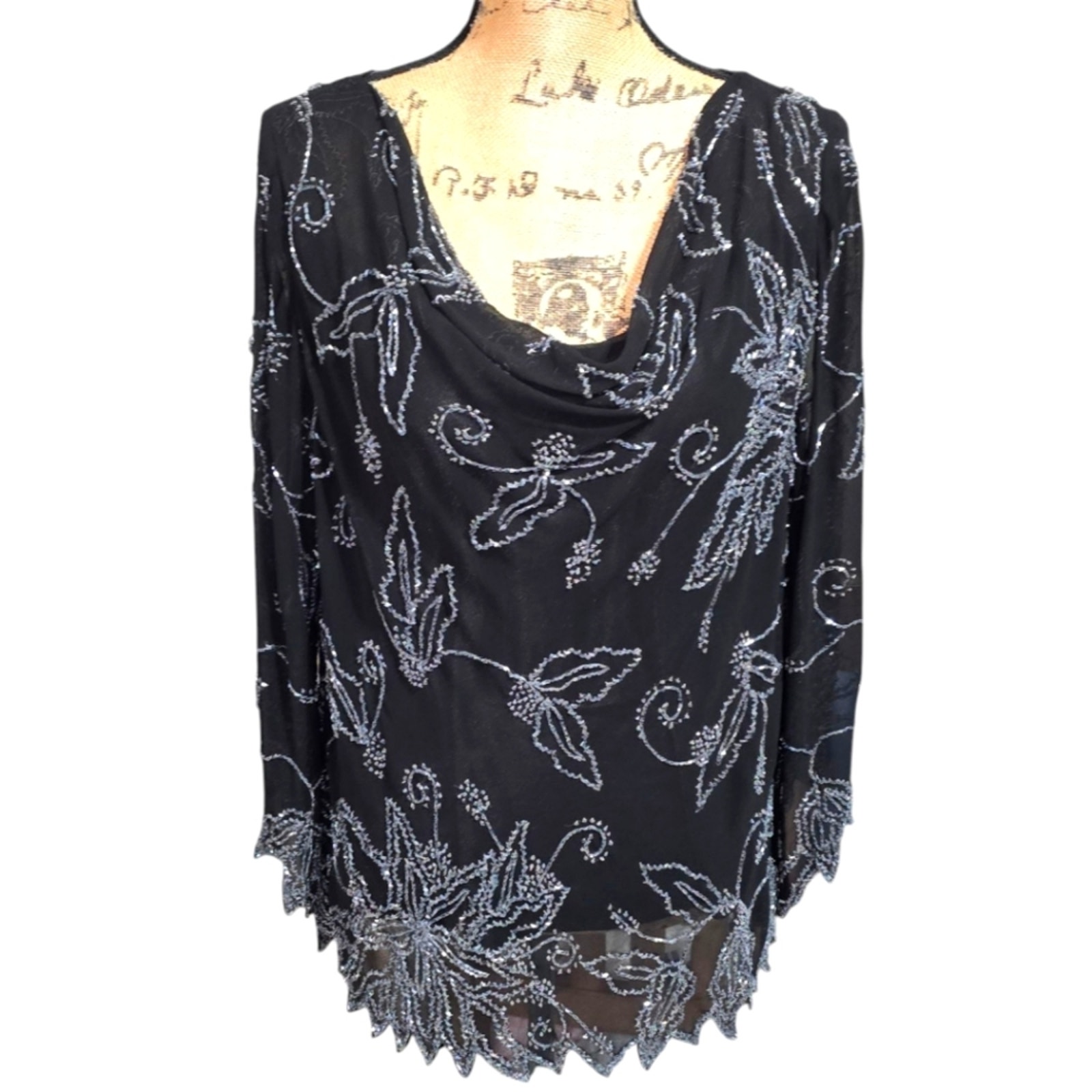 JKara Cowl Neck Black Beaded Floral Party Formal Gorgeous Blouse Top Plus Sz 2X