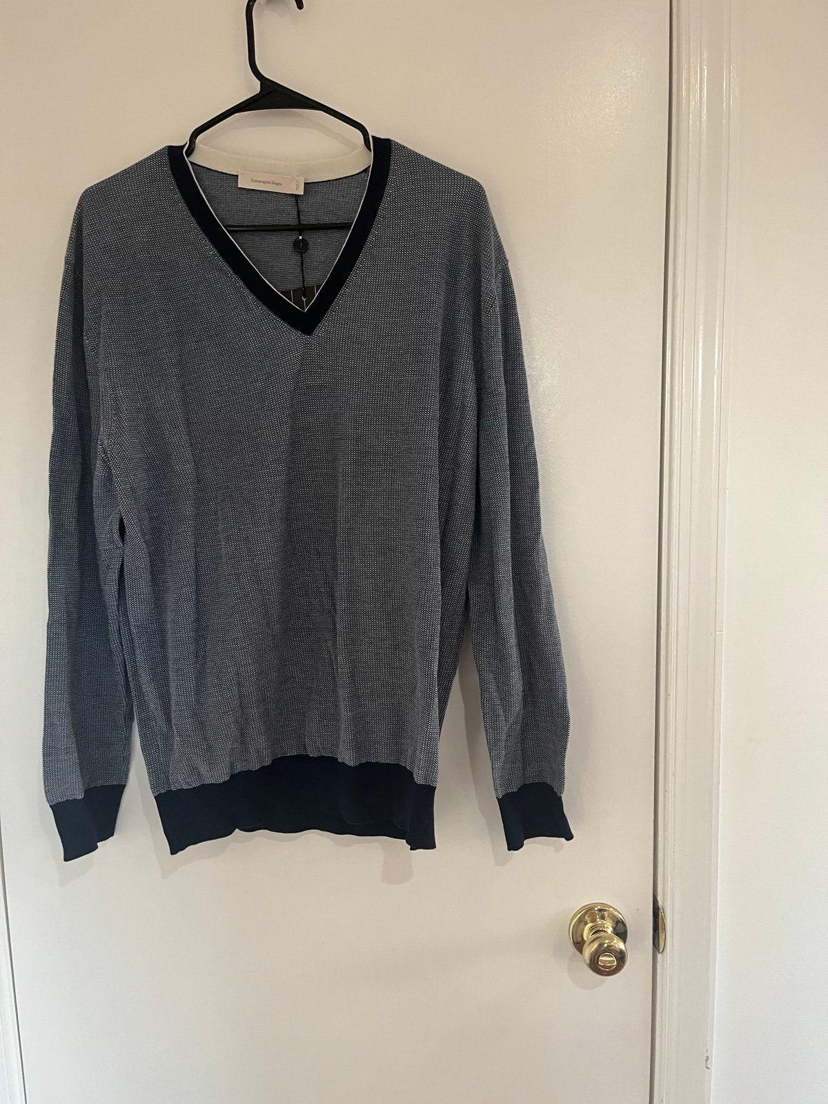 Ermenegildo Zegna Virgin Wool/Cashmere Sweater Mens with Blue Trim XL 56 V neck