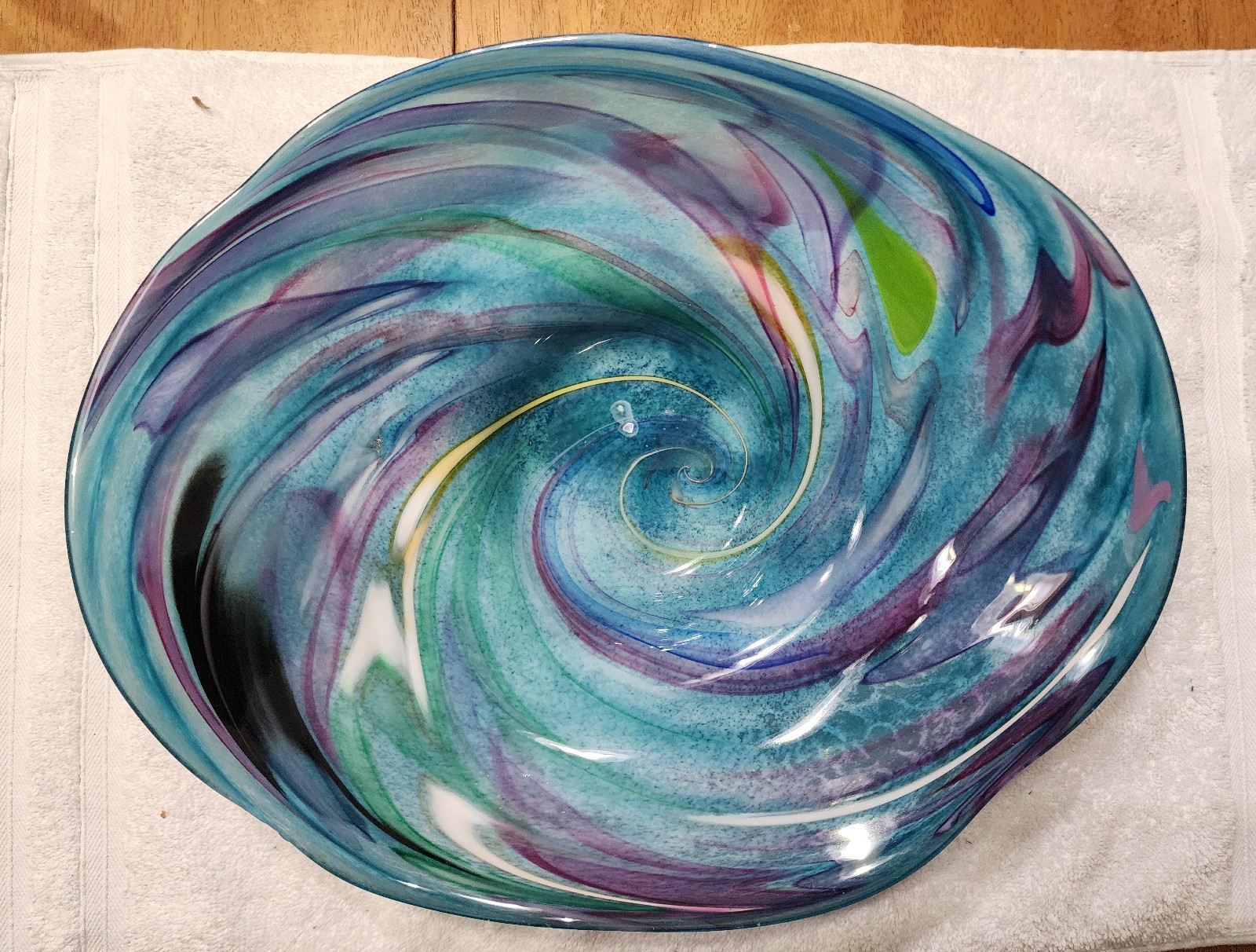 Robert L. Hamon blown glass handmade plate bowl blue and purple swirl