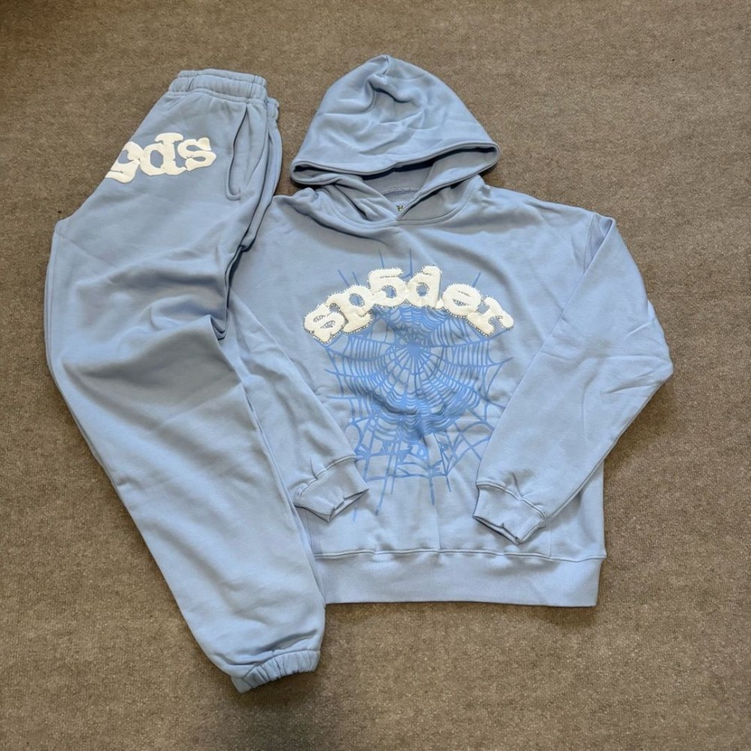 NEW Set Blue Sp5der Hoodie and Sweatpants Size M