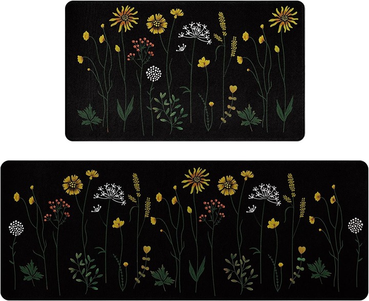Colorful Floral Kitchen Mat for Floor Black