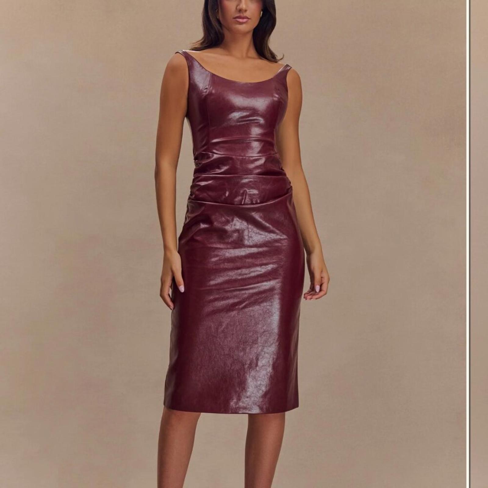 Meshki Sonia Faux Leather Midi Dress Cherry Red S NWT