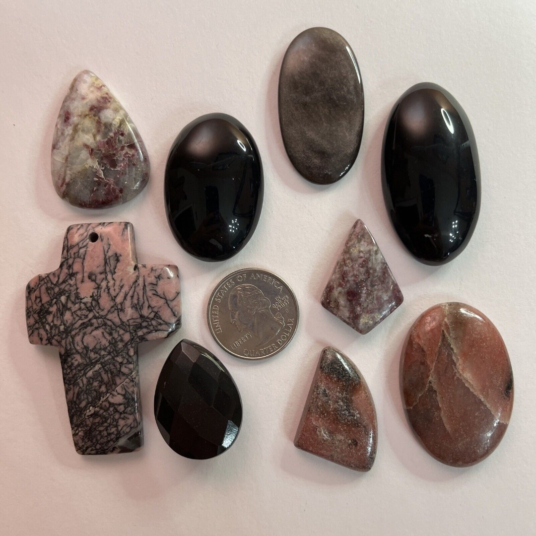 Lot of 9 Gemstone Cabochons Obsidian Rhodinite