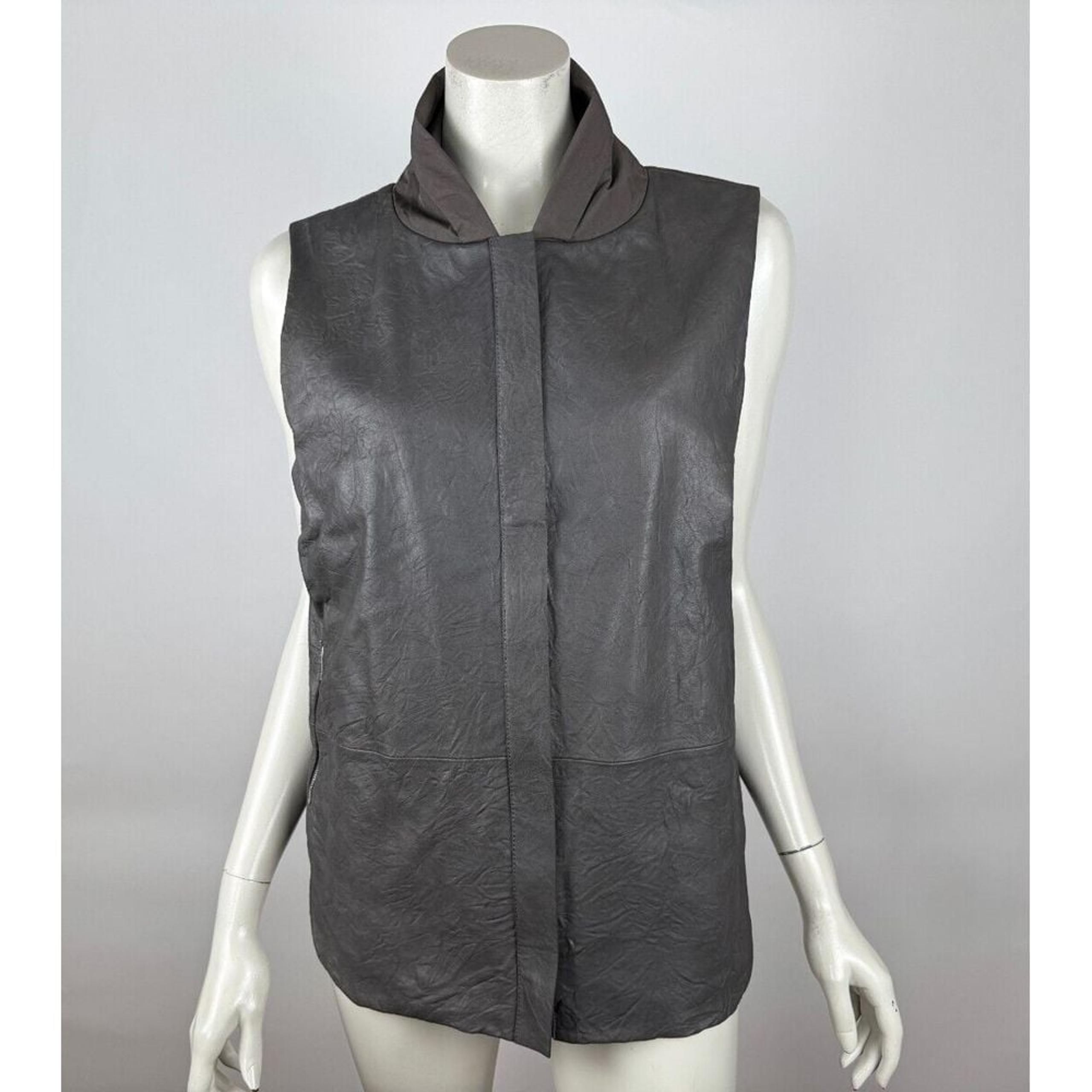 Lafayette 148 NY Crinkle Leather Vest Jacket Women M Lined Full Zip Pocket Brown