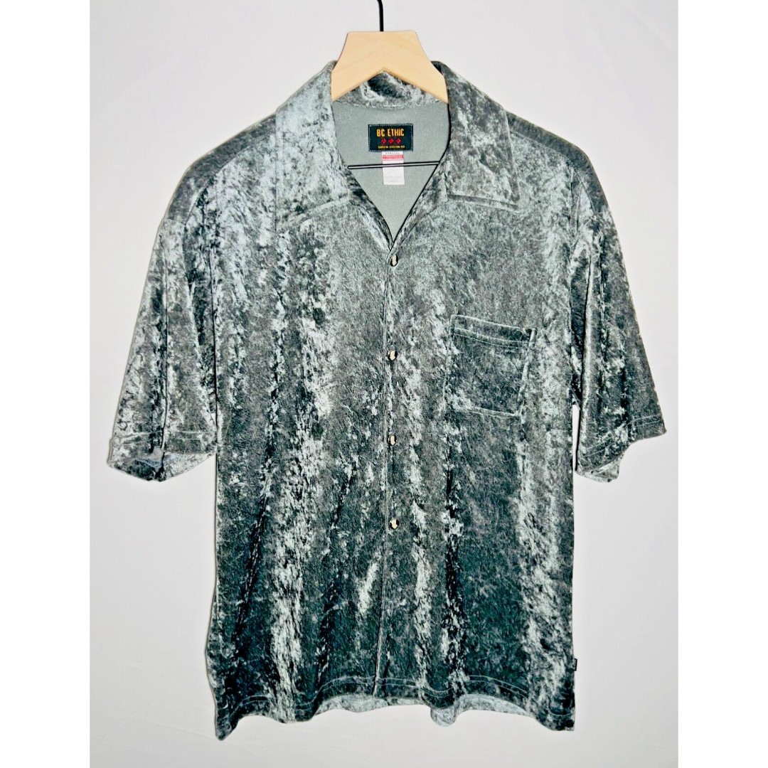 BC ETHIC | VINTAGE 90s Y2K | Velour Club Shirt | Silver Velvet | Large