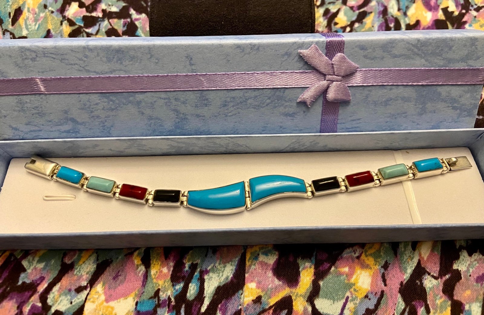Taxco Mexico Silver 970 Geometric Link Bracelet with Gemstones