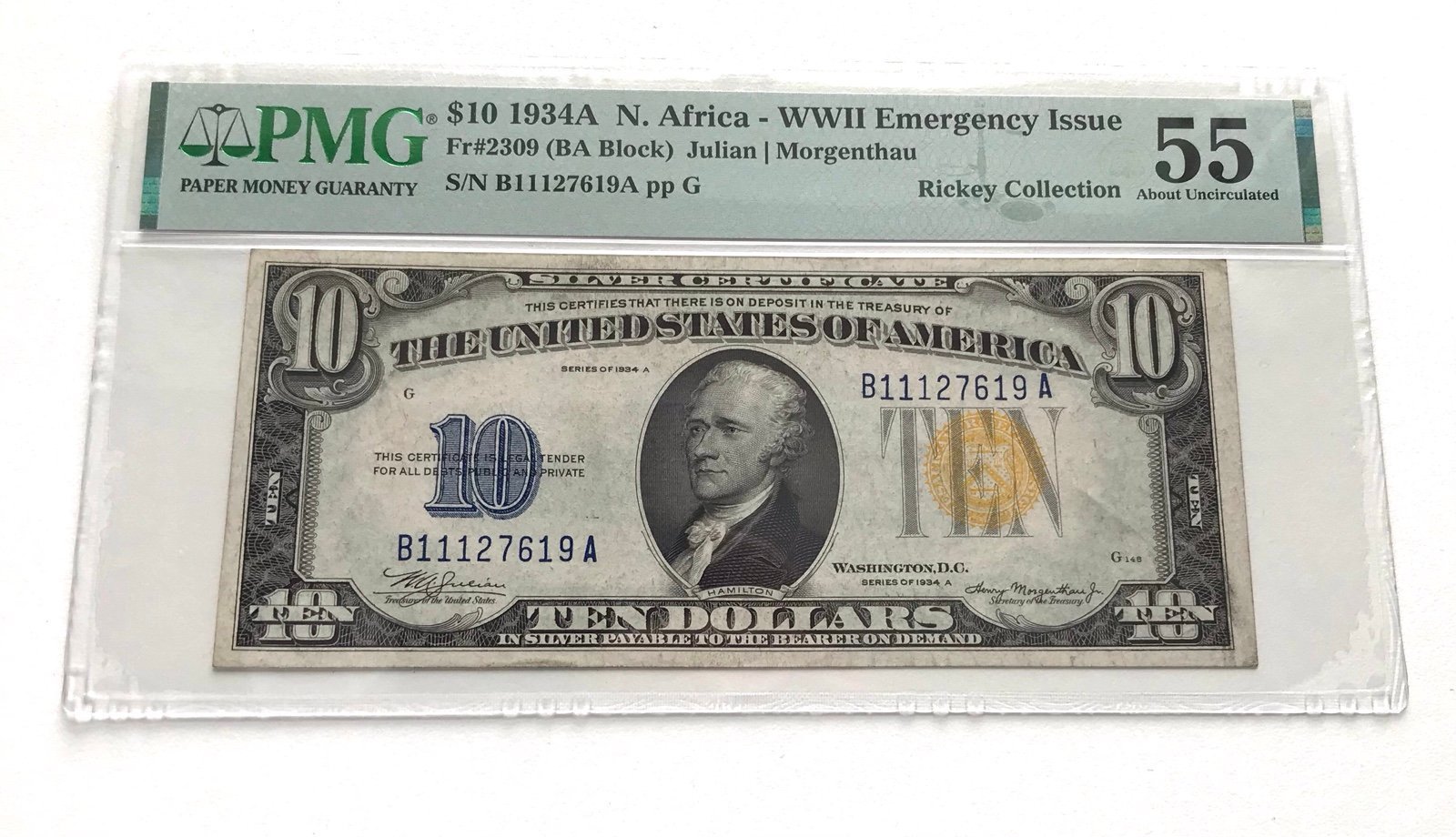 1934 A $10 NORTH AFRICA Silver Certificate WWII Emergency issue Graded By PMG 55