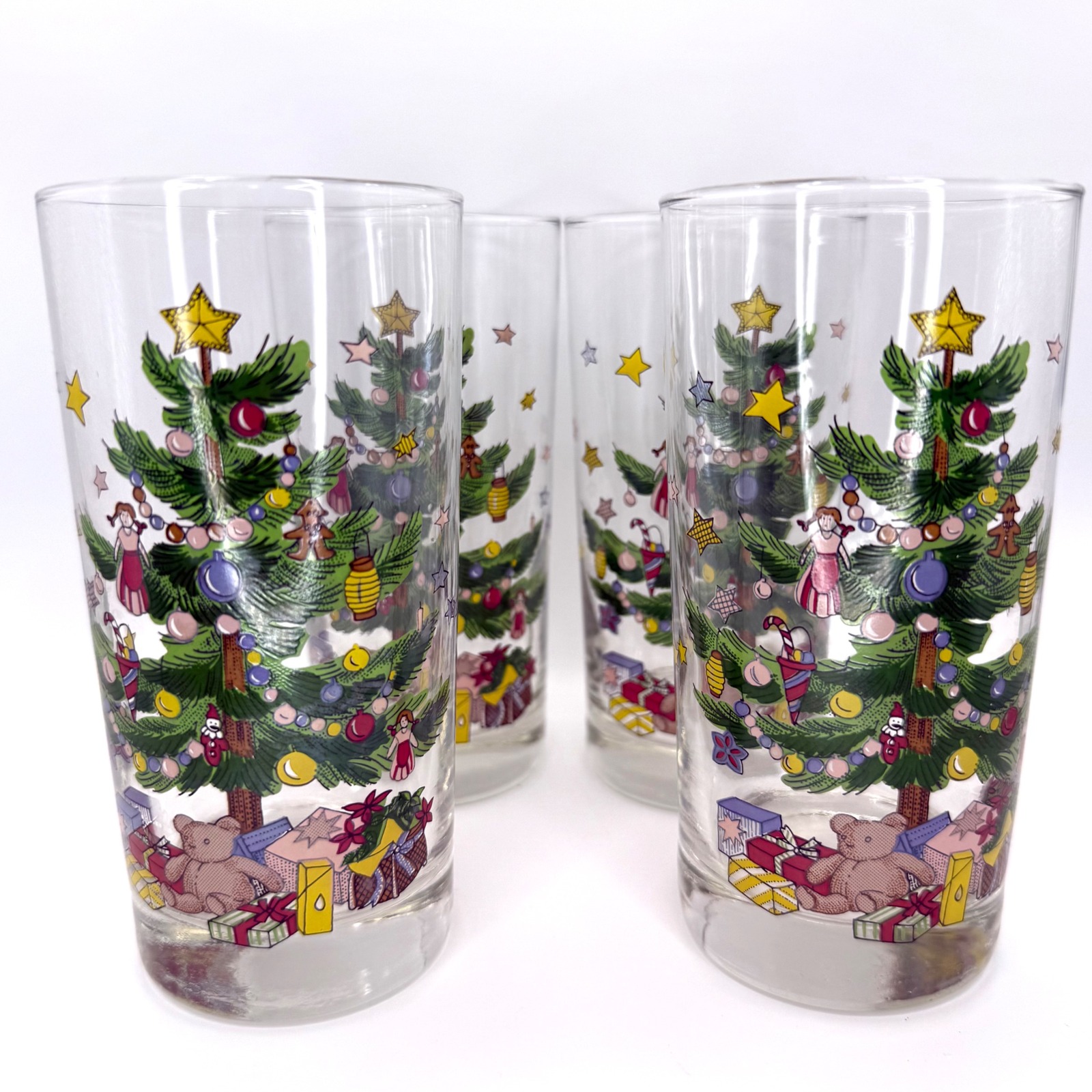 Vintage Nikko Christmas Tree Glasses Set 4 Happy Holidays Tumblers Highball 12oz