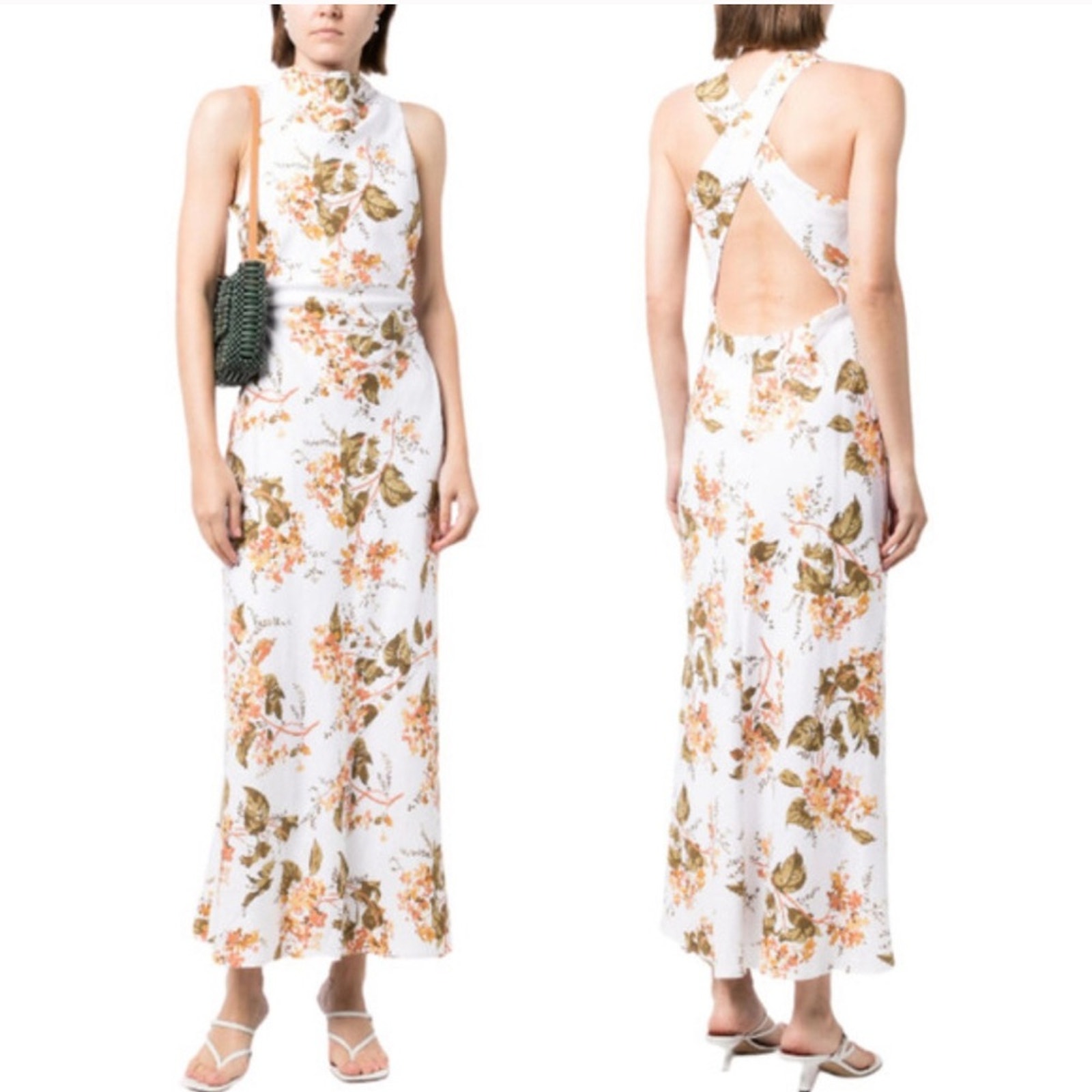 Reformation NEW Casette Open Back Linen Midi Dress in Bella White Floral 10