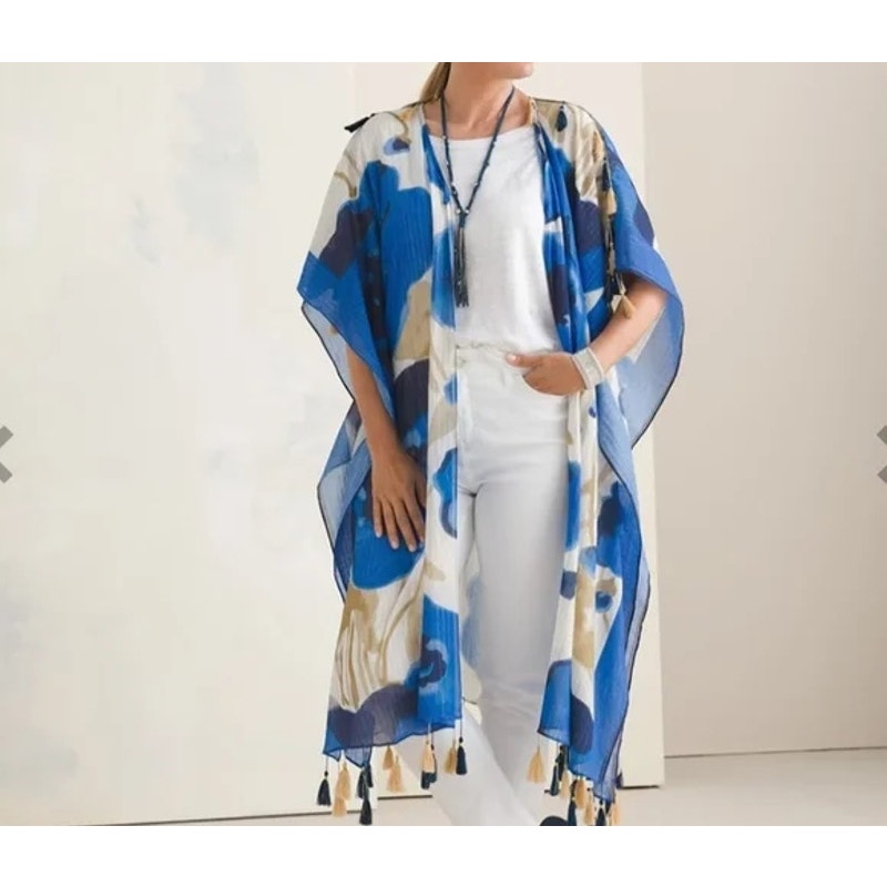Aratta Silent Journey Blue Metallic Gold Tasseled Floral Duster Kimono One Size