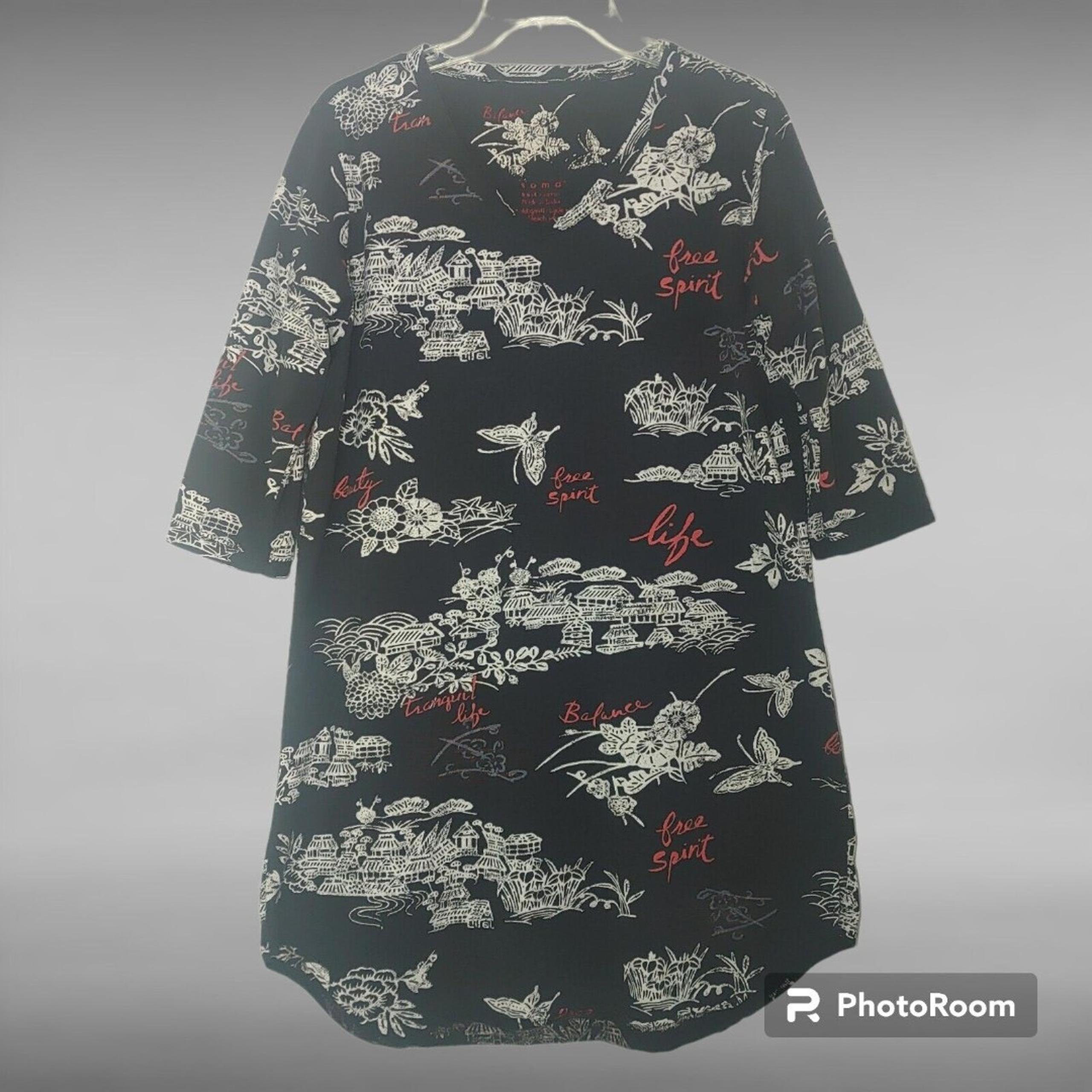 Soma Black Sleep Shirt Size Medium 3/4 Sleeve Asian 100% Cotton Comfortable