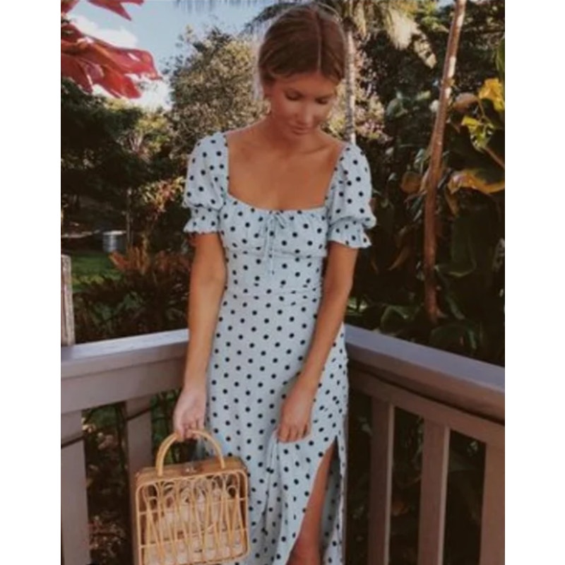 Faithfull the Brand NWT Blue Evelyn Sylve Polka-Dot Woven Slit Midi Dress Size 2