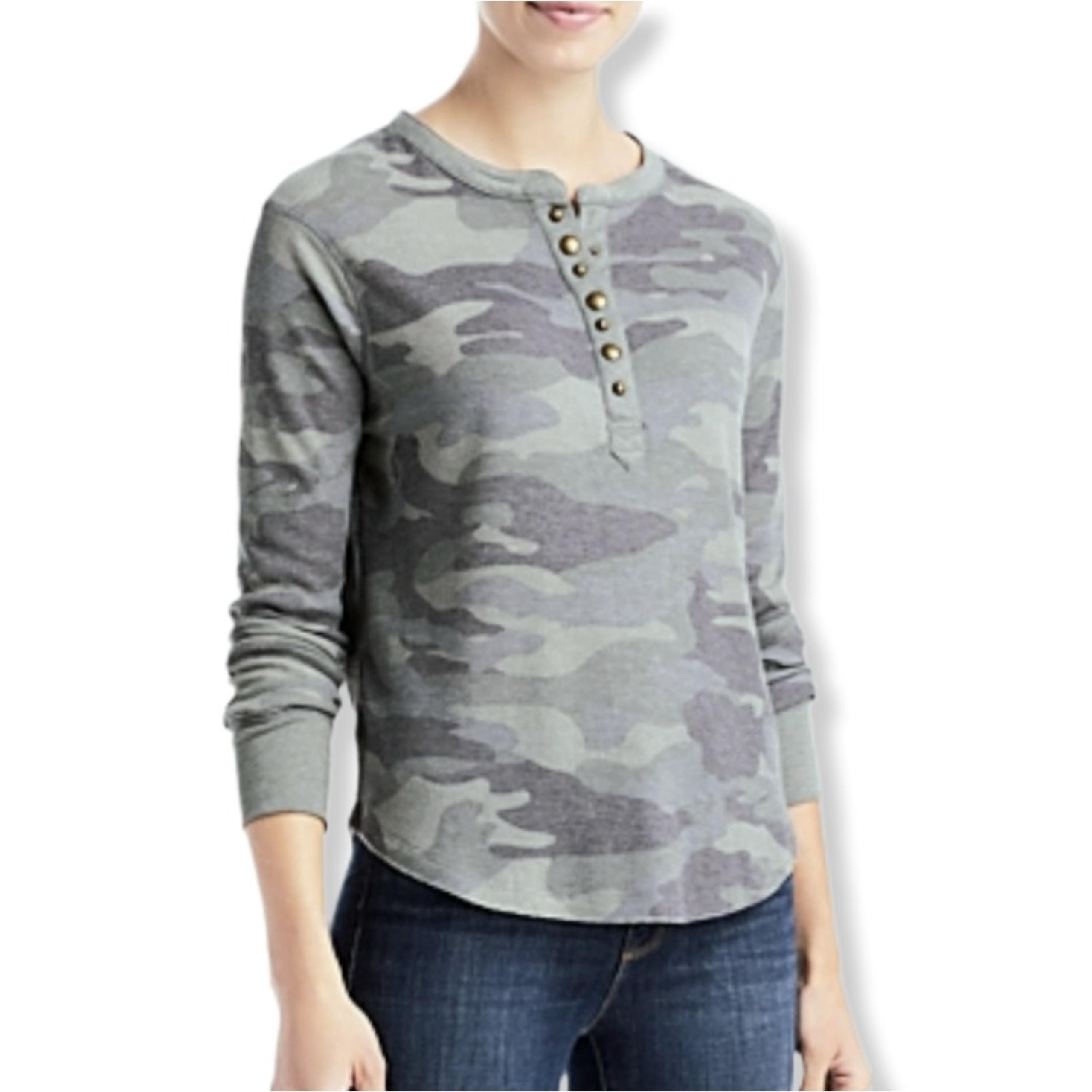 BeachLunchLounge Thermal Henley Gray Camo Top XS Casual Neutral Coastal NEW