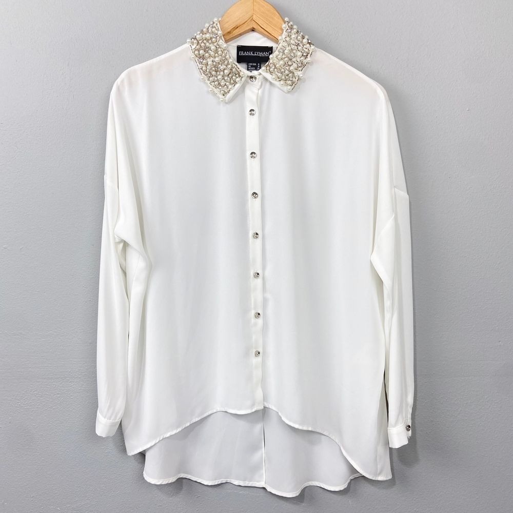 Frank Lyman Rhinestone Collar Blouse Size 6 Pearl Beaded Top Y2K Glam Twee Ivory