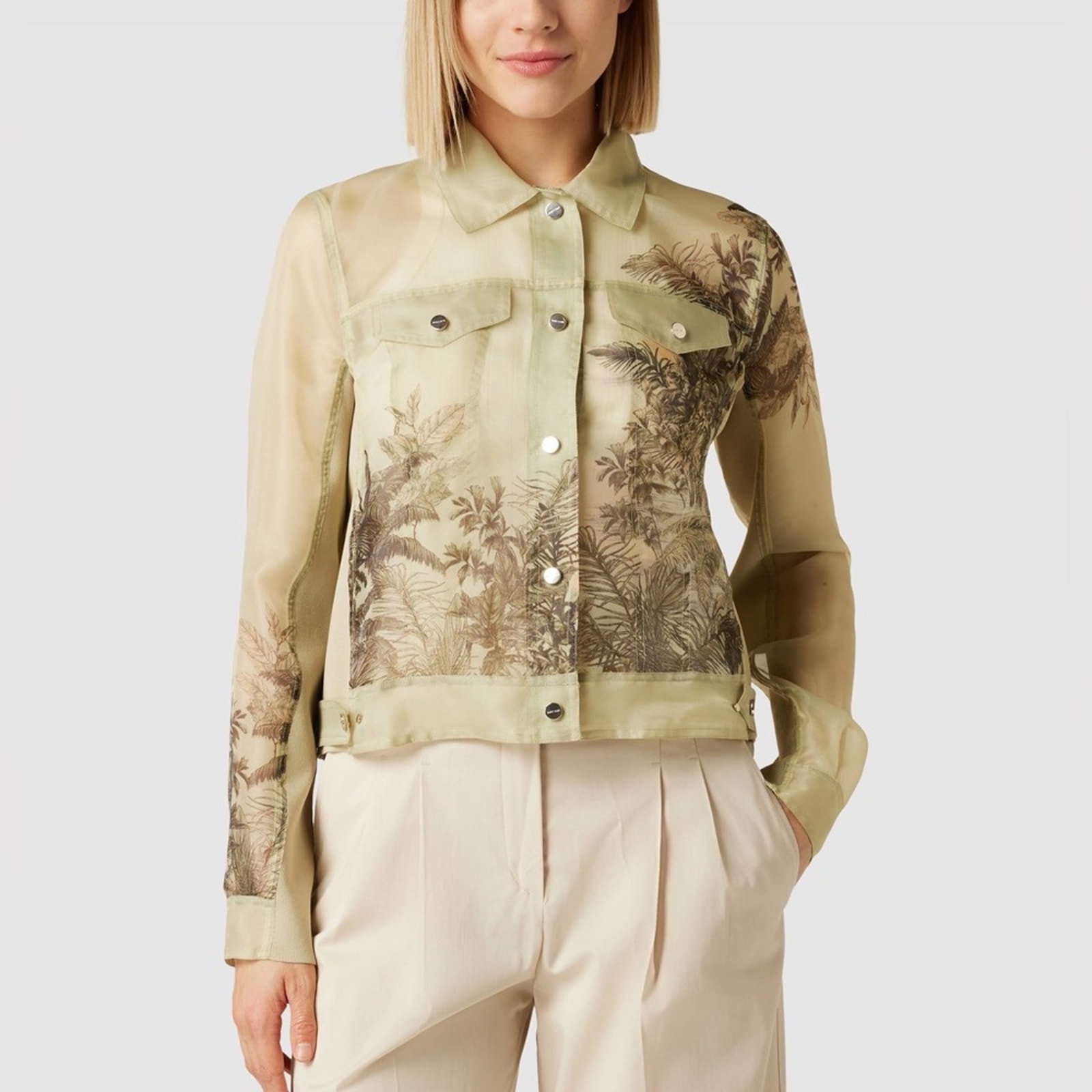 Marc Cain See-through Mesh Floral Button Moto Jacket Top