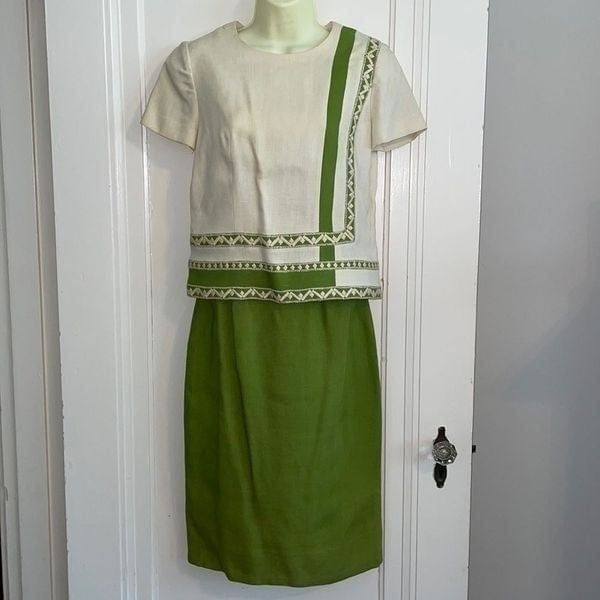 Vintage 50s Carlye green & cream/ivory short sleeve linen skirt outfit