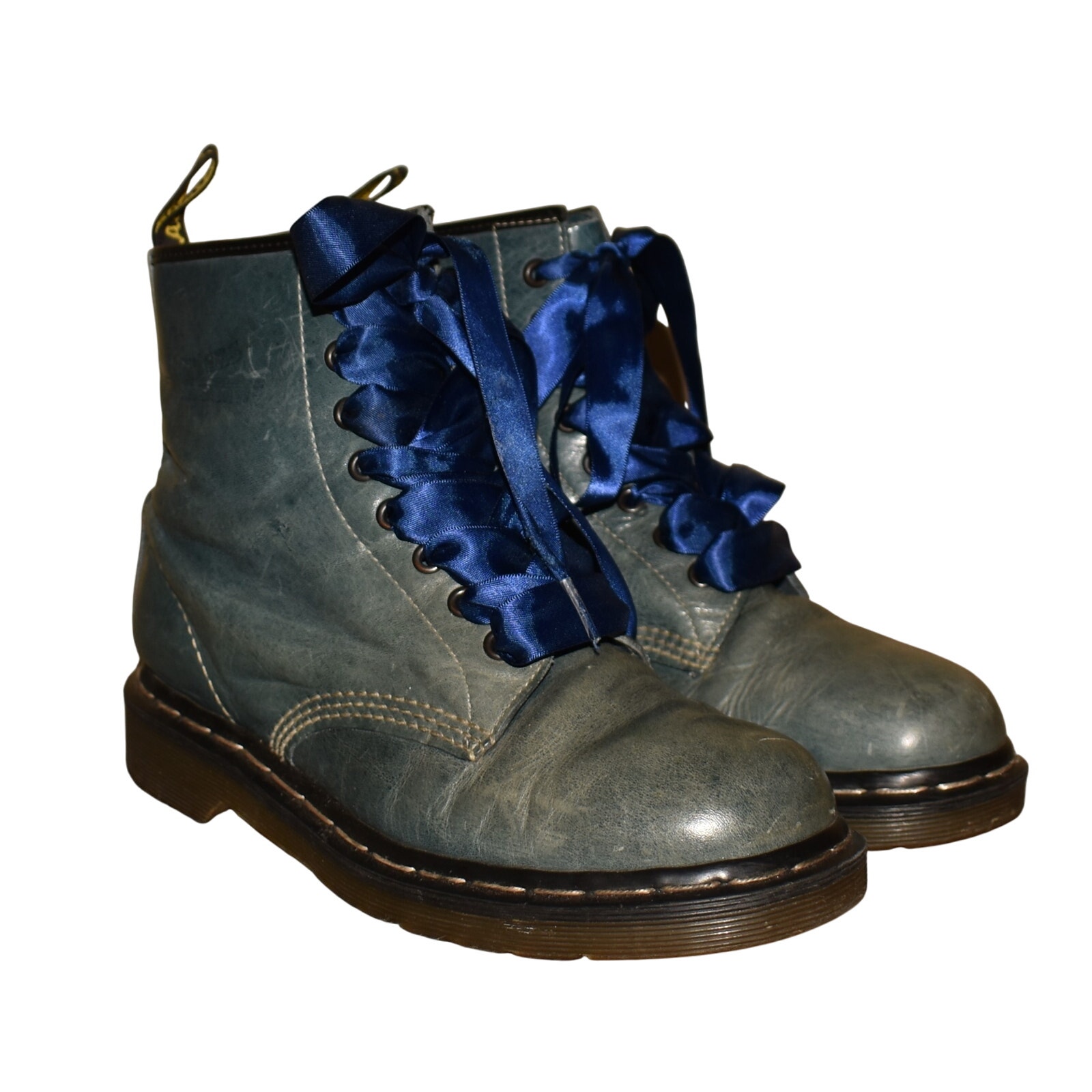 DR. MARTENS 180 1460 Blue Leather Combat Boots Ribbon Laces Size 7