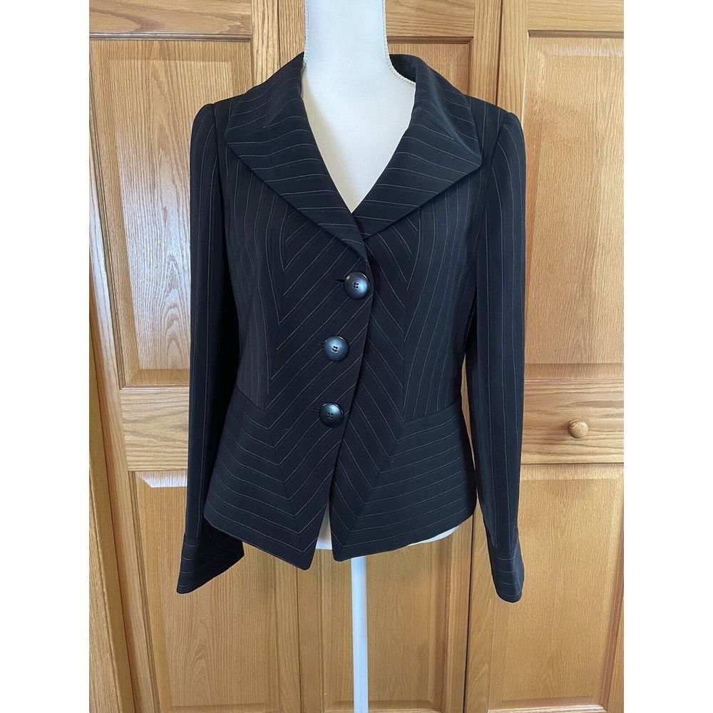 ARMANI COLLEZIONI Italy Pinstripe Asymmetrical Black Blazer Jacket Top Size 8