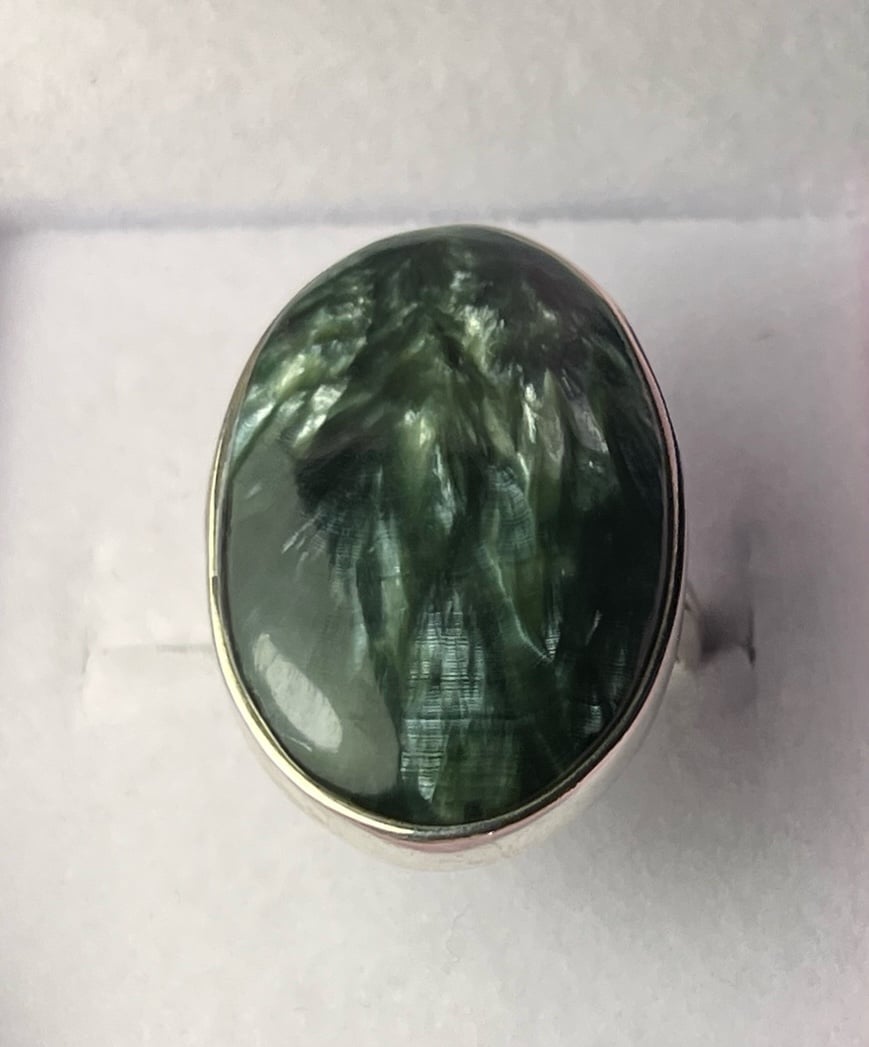 Giant 1.25 Inch 8.4 gram Seraphinite Sterling Silver Size 6.5 Ring