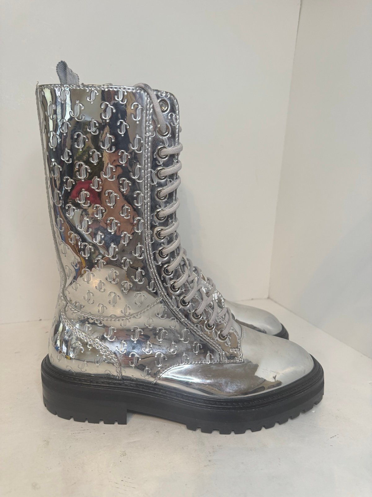 Jimmy Choo Cora Silver Logo Monogram Leather Boot Combat Women's 38/8