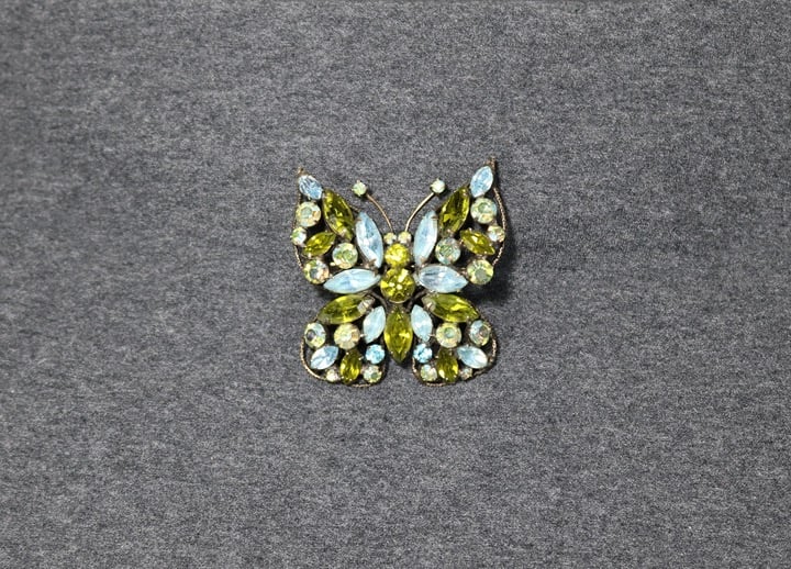 vintage costume jewelry regency blue green rhinestone Butterfly brooch