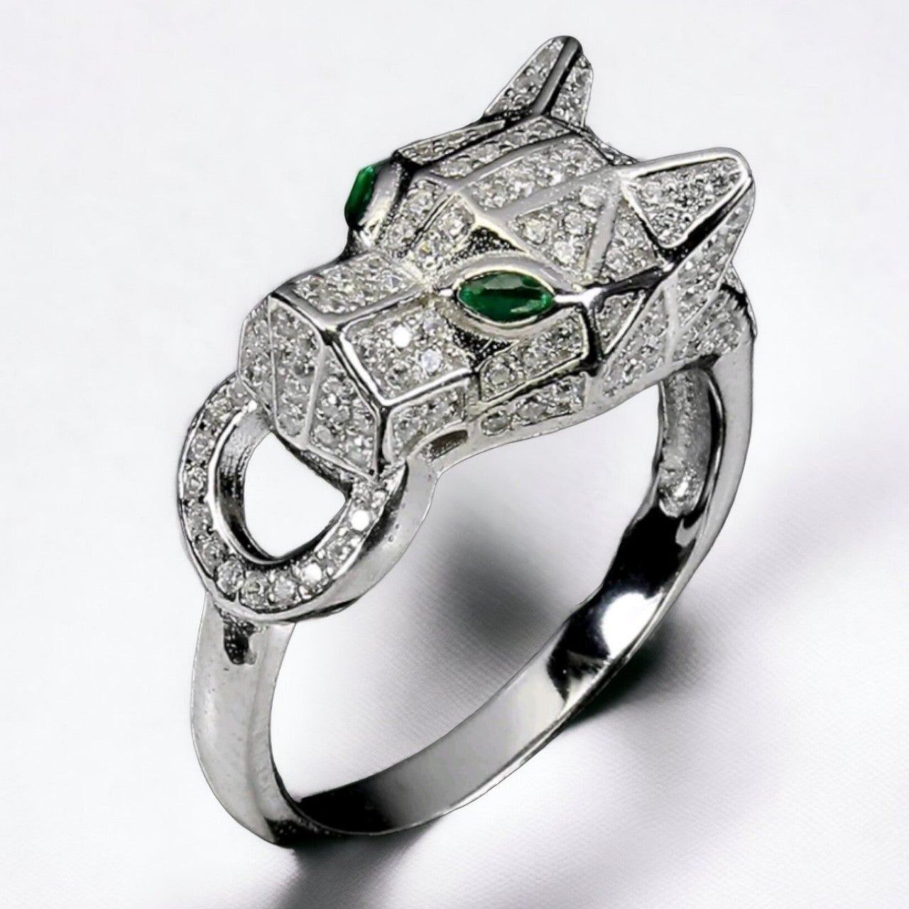 Size 8 14k white gold over sterling green emerald panther ring