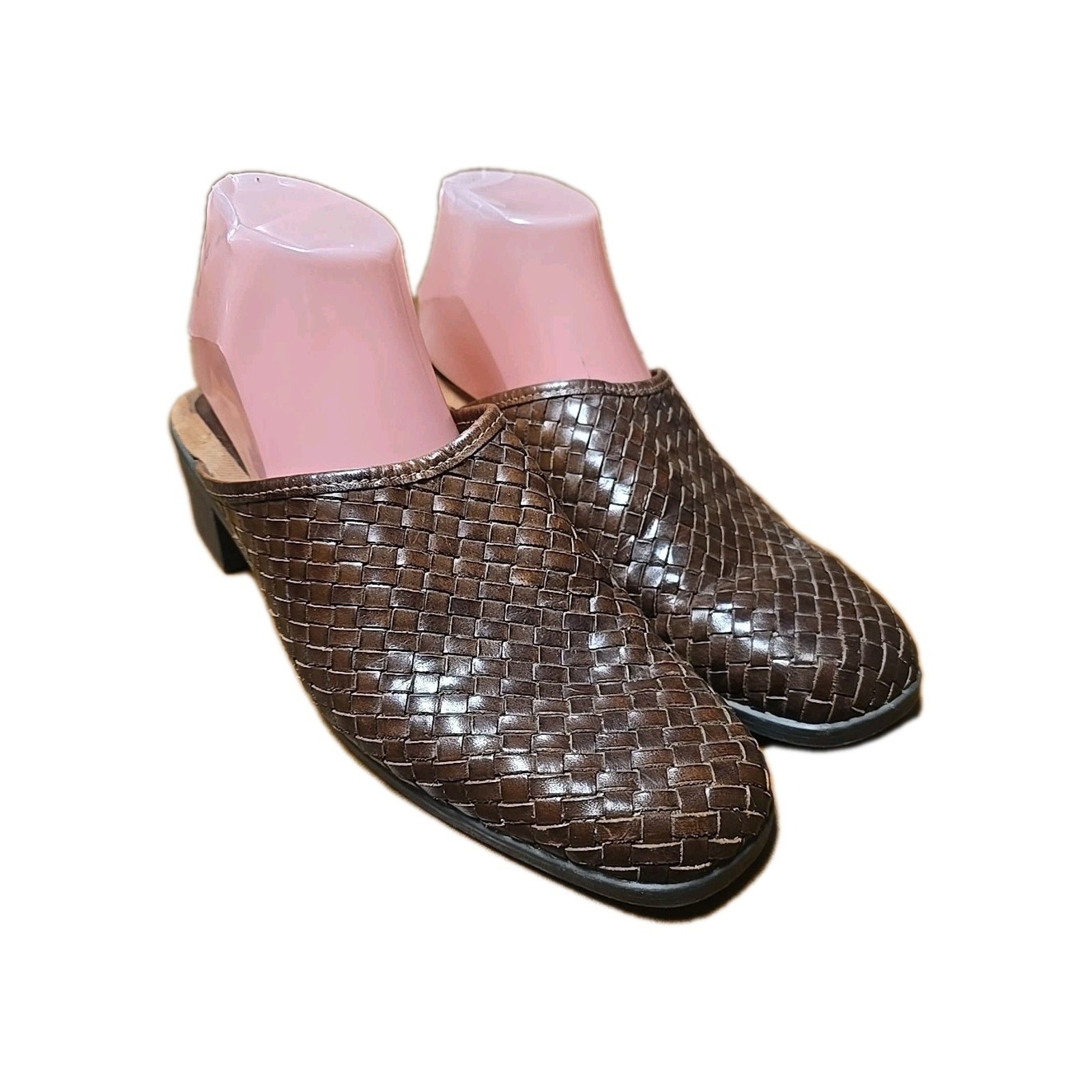Y2k Vtg Faded Glory Brown Genuine Leather Slip On Mule Braided Sandals Woman 9.5