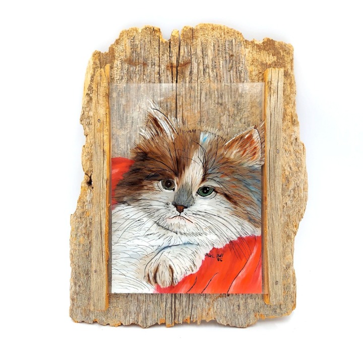 Reverse Cat Painting Barnwood OOAK VTG