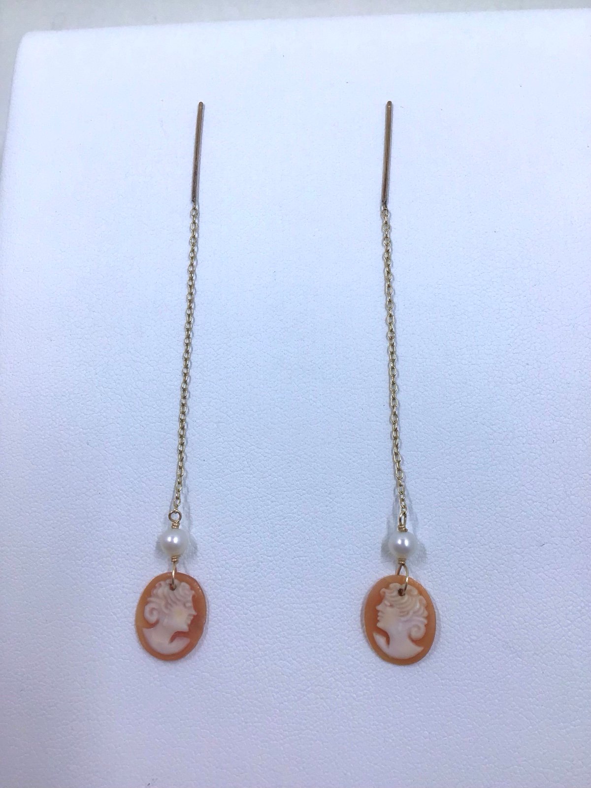 14K Cameo & Pearl Threader Earrings