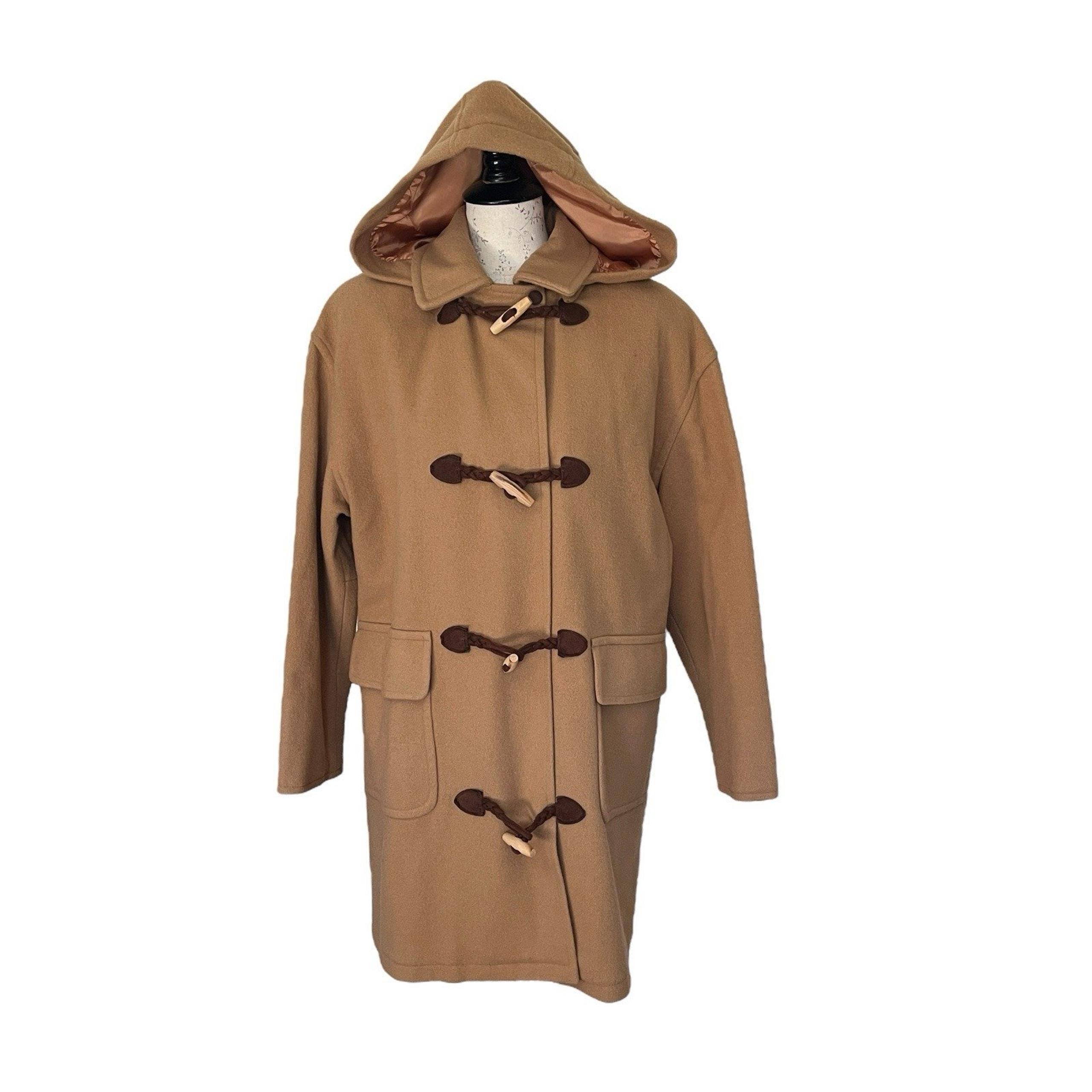 Talbots Women's 8 P Tan Pea Coat Long W/ Hood 100% Wool Winter Pockets